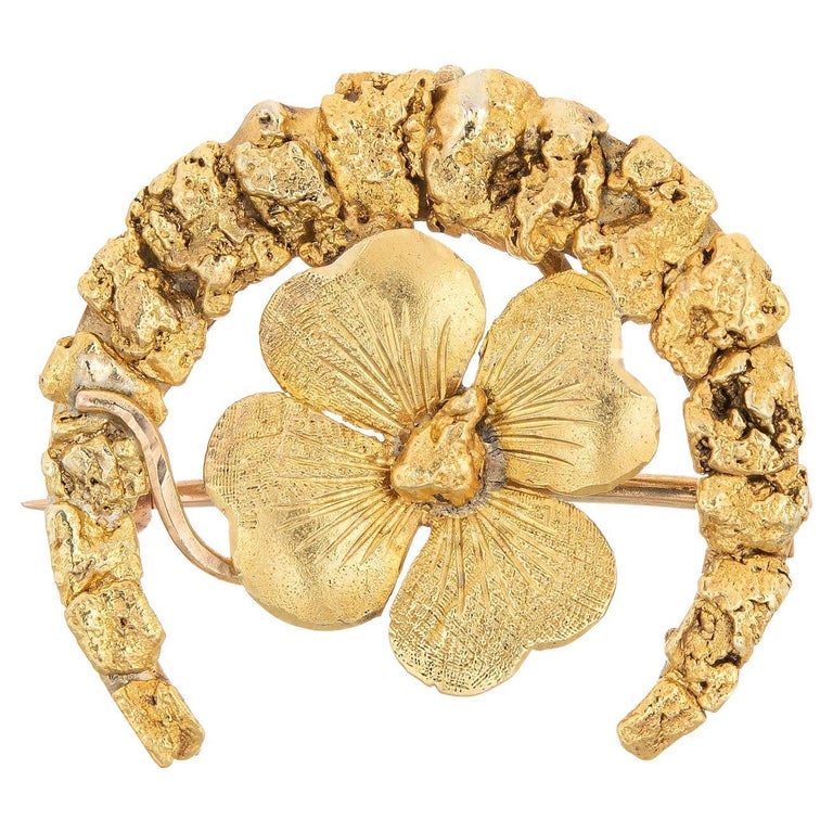 Antique Art Nouveau Pansy Brooch Crescent Moon Gold Nuggets 18k Fine