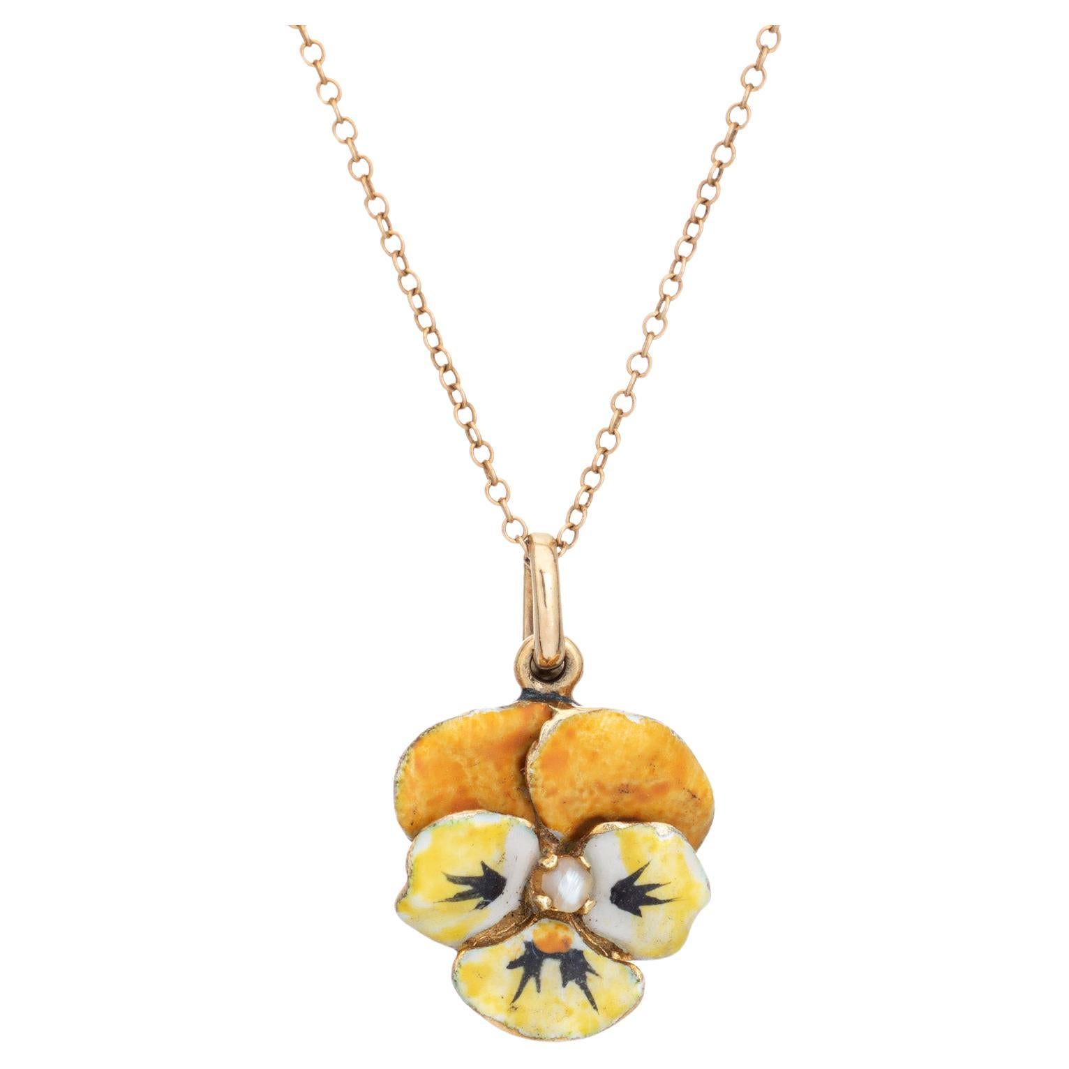 Antique Art Nouveau Pansy Necklace Yellow Enamel Pearl 14k Gold Flower Jewelry For Sale
