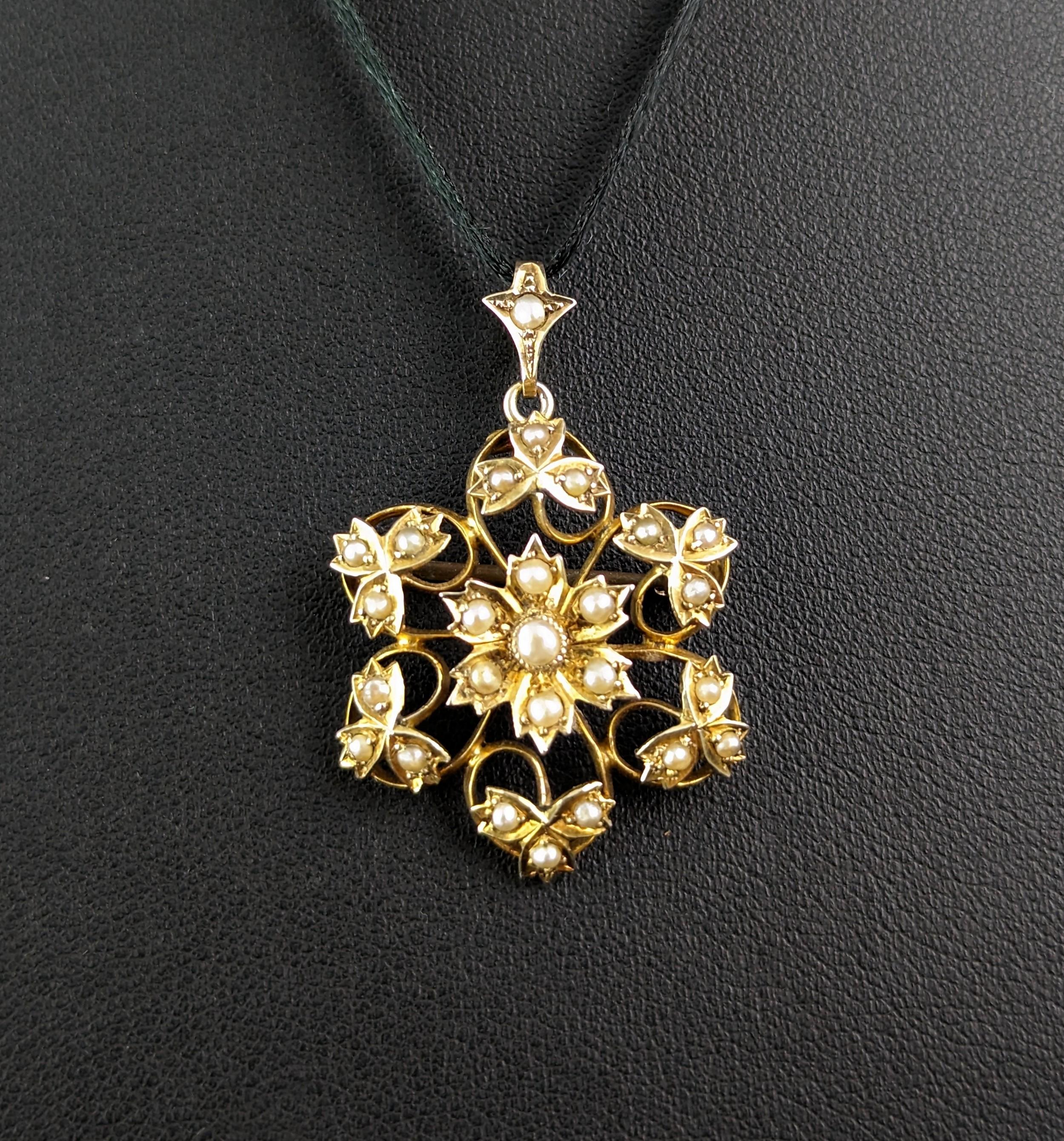 Antique Art Nouveau pearl flower pendant brooch, 9k yellow gold  6