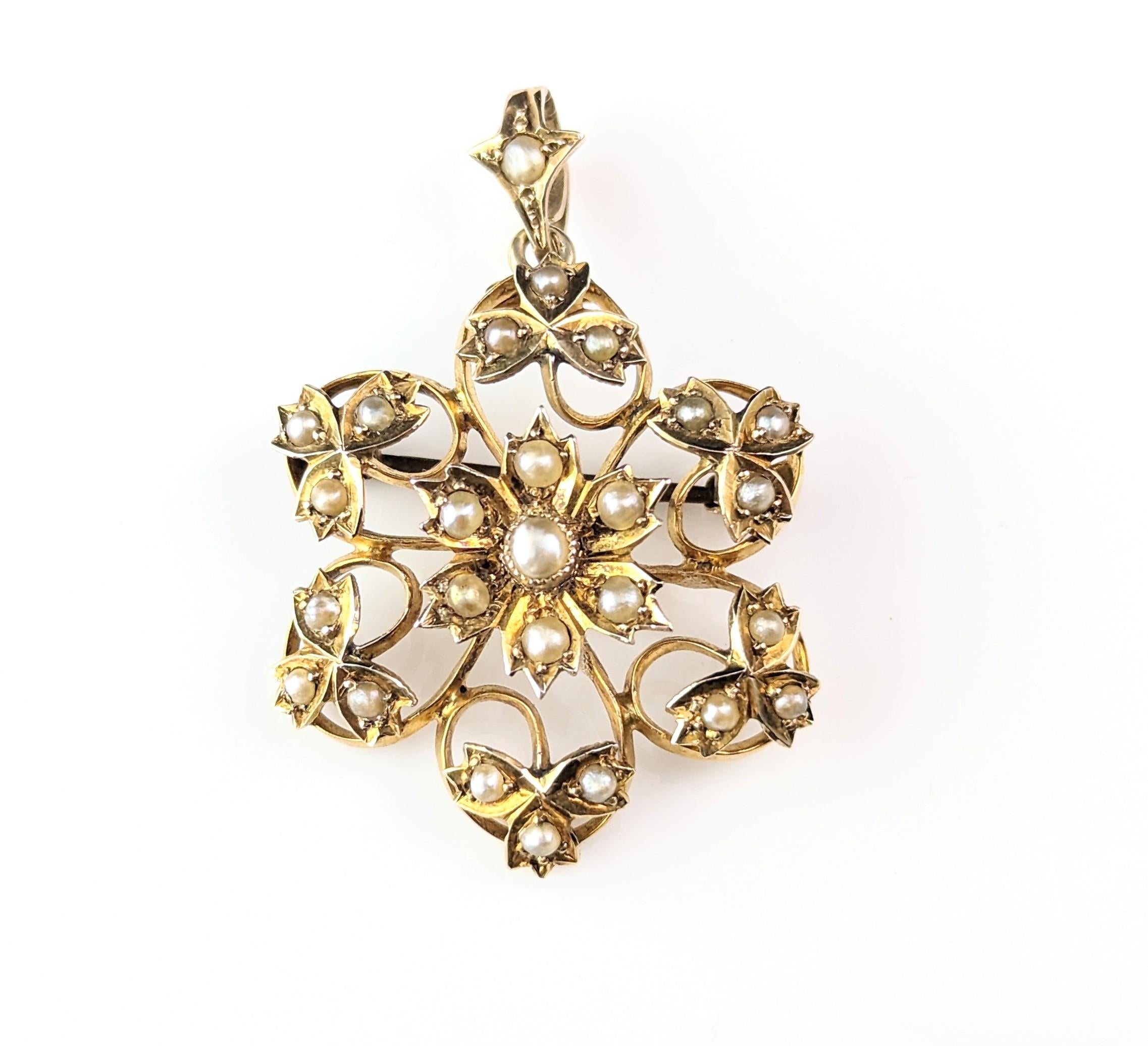Antique Art Nouveau pearl flower pendant brooch, 9k yellow gold  7
