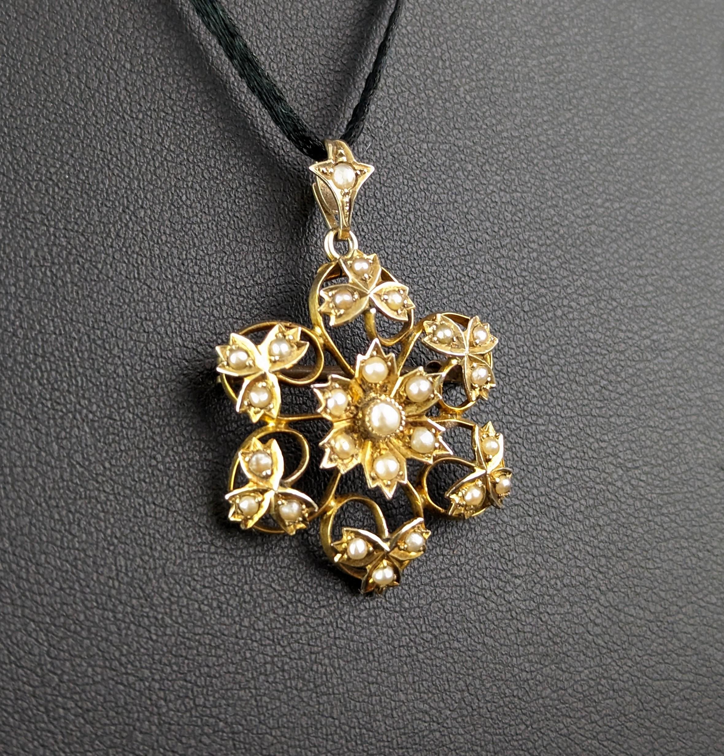 Cabochon Antique Art Nouveau pearl flower pendant brooch, 9k yellow gold 