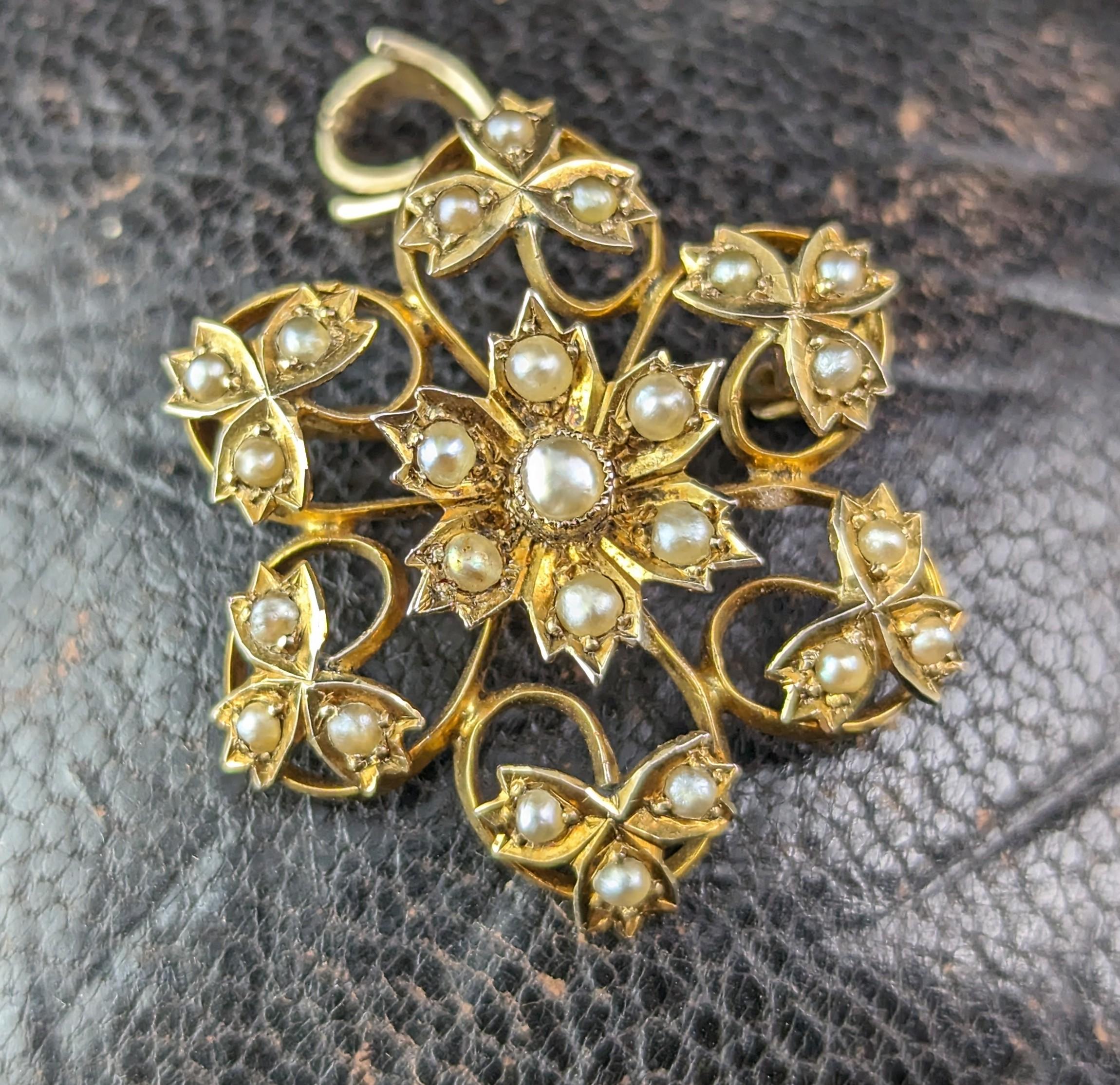 Antique Art Nouveau pearl flower pendant brooch, 9k yellow gold  2