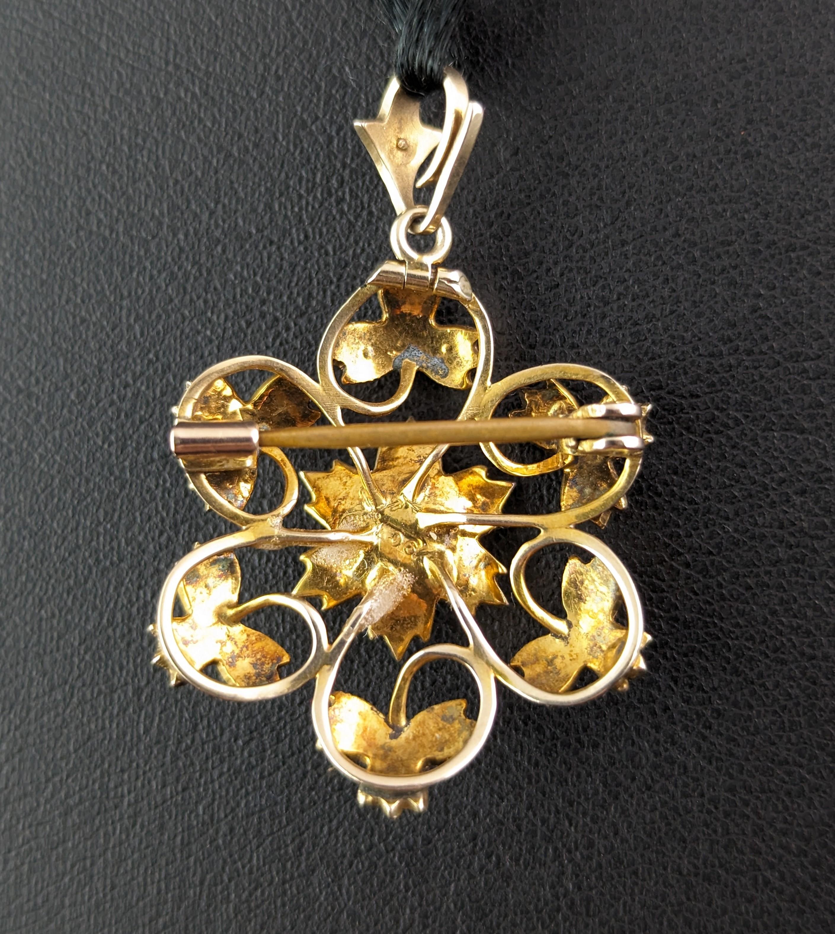 Antique Art Nouveau pearl flower pendant brooch, 9k yellow gold  4