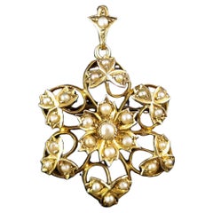 Antique Art Nouveau pearl flower pendant brooch, 9k yellow gold 