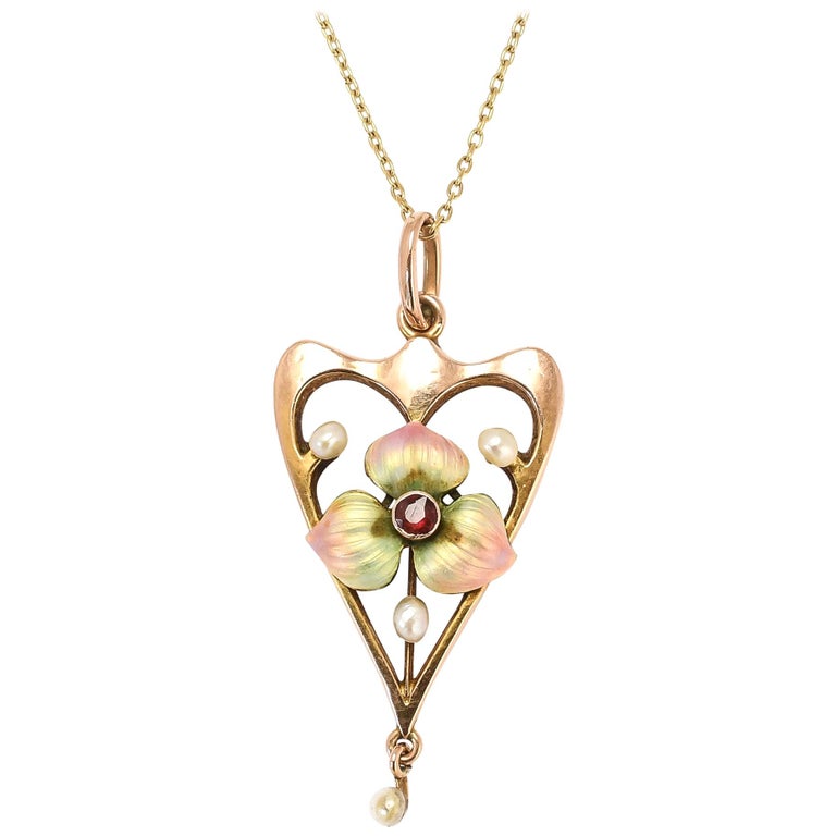 Antique Art Nouveau Pearl Garnet Enamel Flower Pendant at 1stDibs
