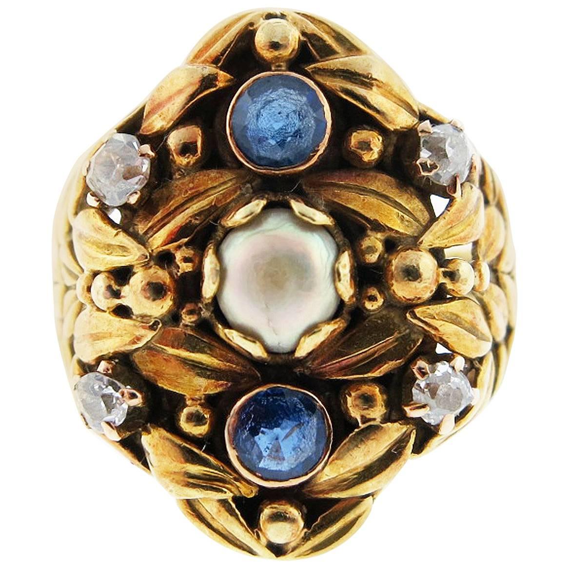 Antique Art Nouveau Pearl Sapphire and Diamond Ring
