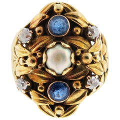 Antique Art Nouveau Pearl Sapphire and Diamond Ring