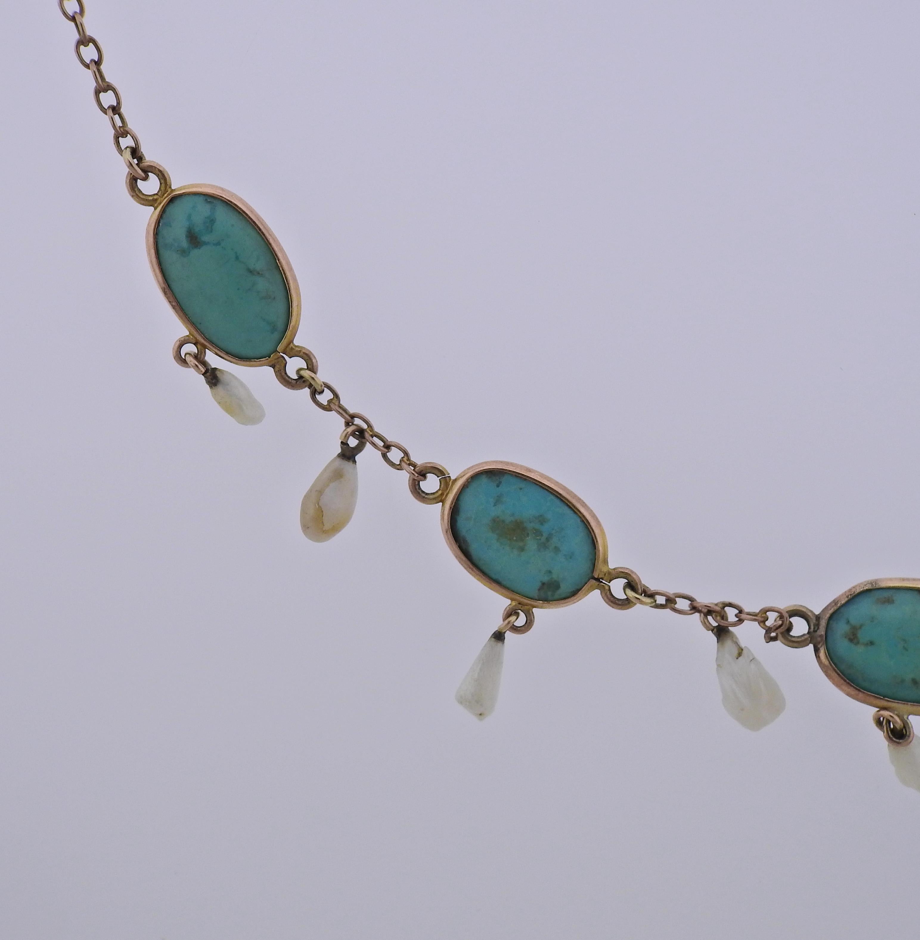 Oval Cut Antique Art Nouveau Pearl Turquoise Gold Necklace