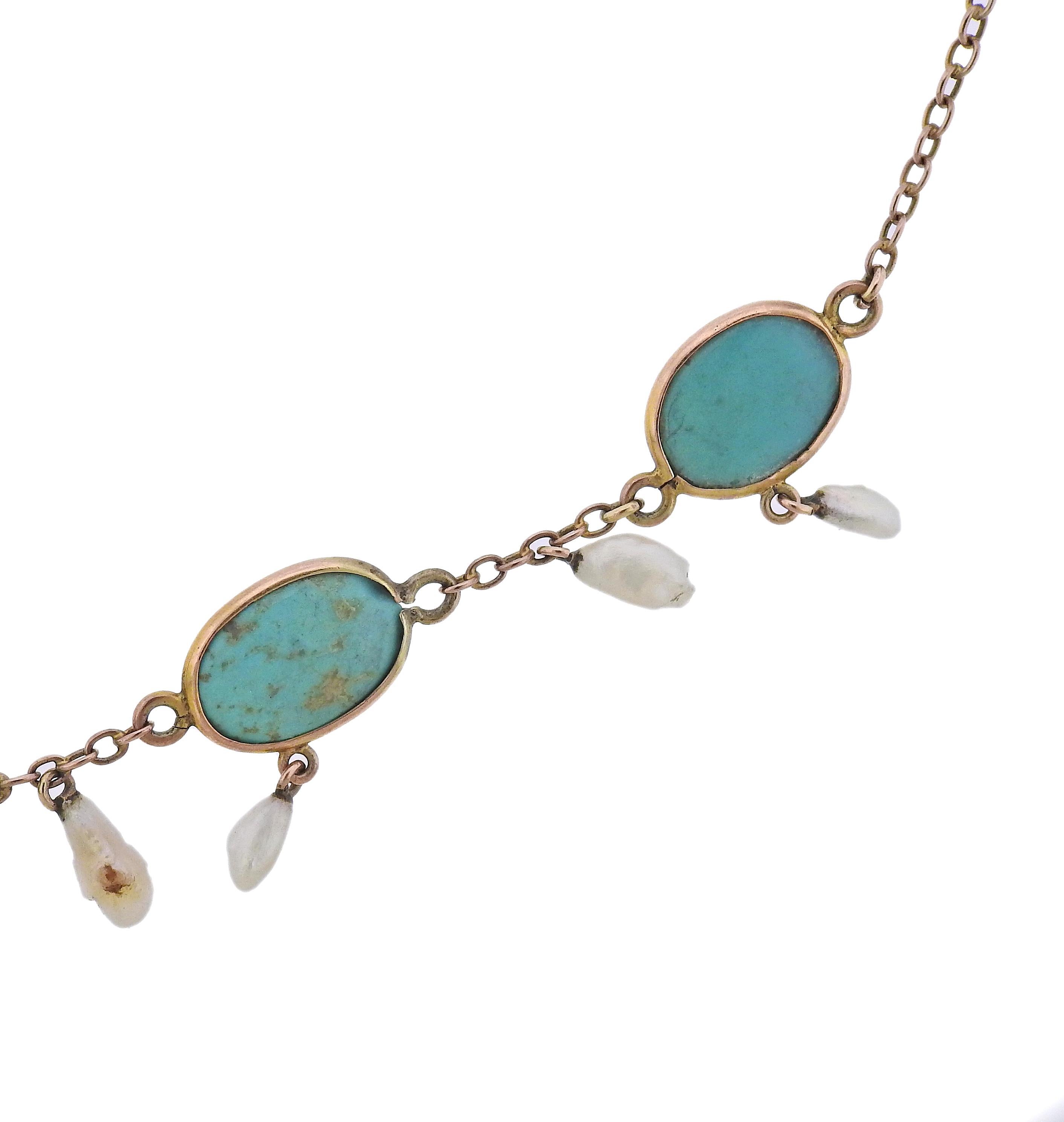 Antique Art Nouveau Pearl Turquoise Gold Necklace In Excellent Condition In New York, NY