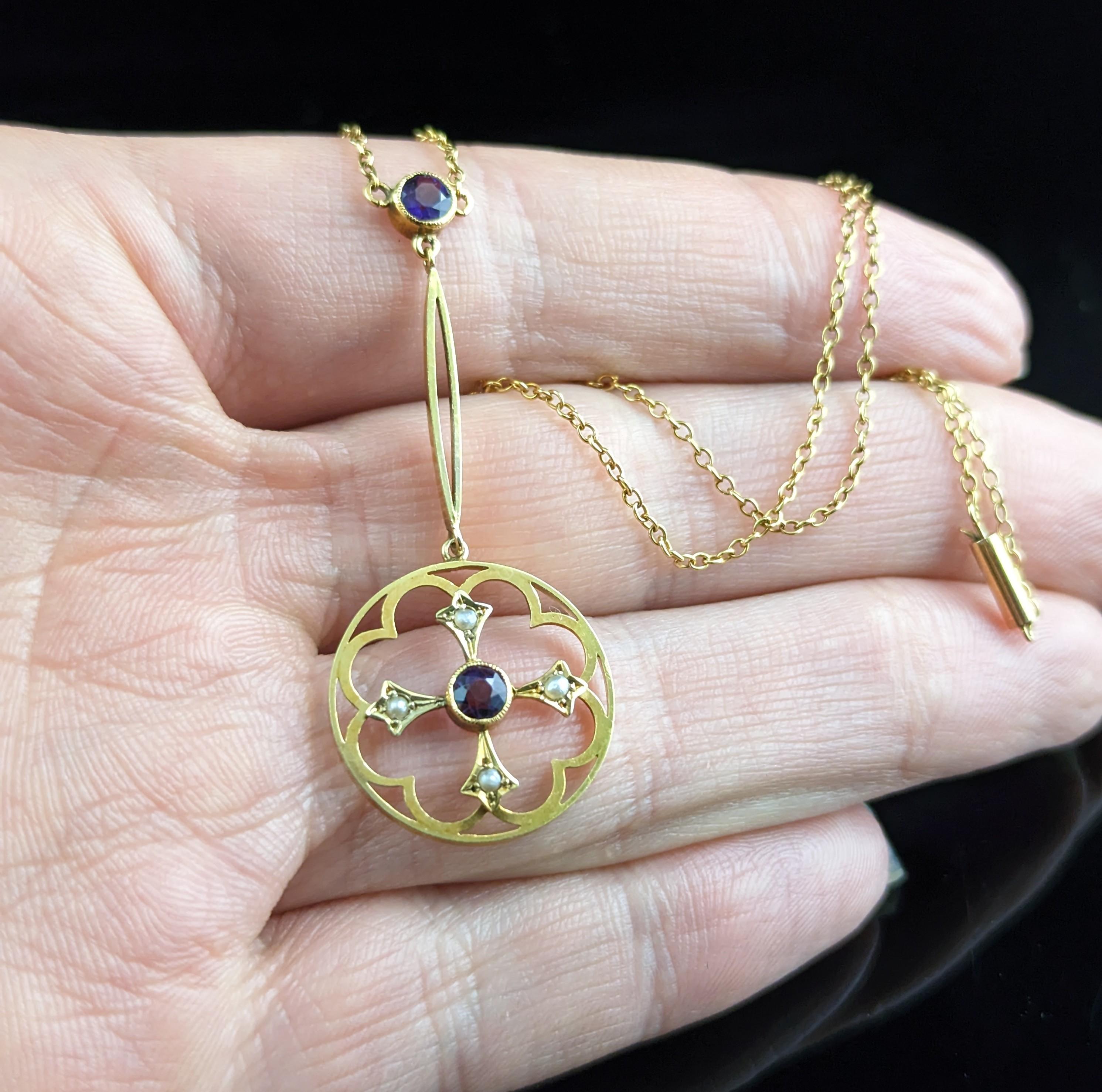 Antique Art Nouveau Pendant Necklace, Amethyst and Pearl, 9 Karat Gold  For Sale 6