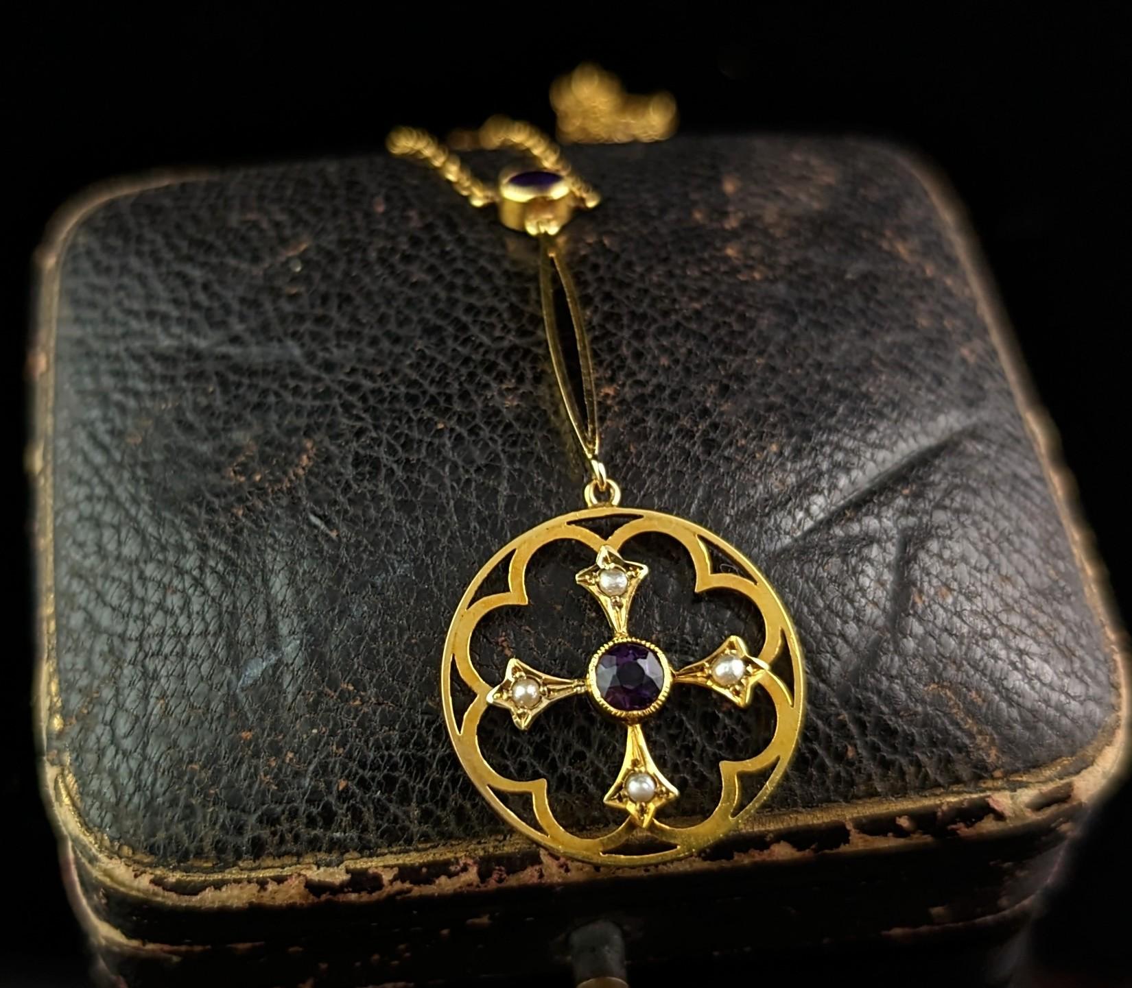 Antique Art Nouveau Pendant Necklace, Amethyst and Pearl, 9 Karat Gold  For Sale 7