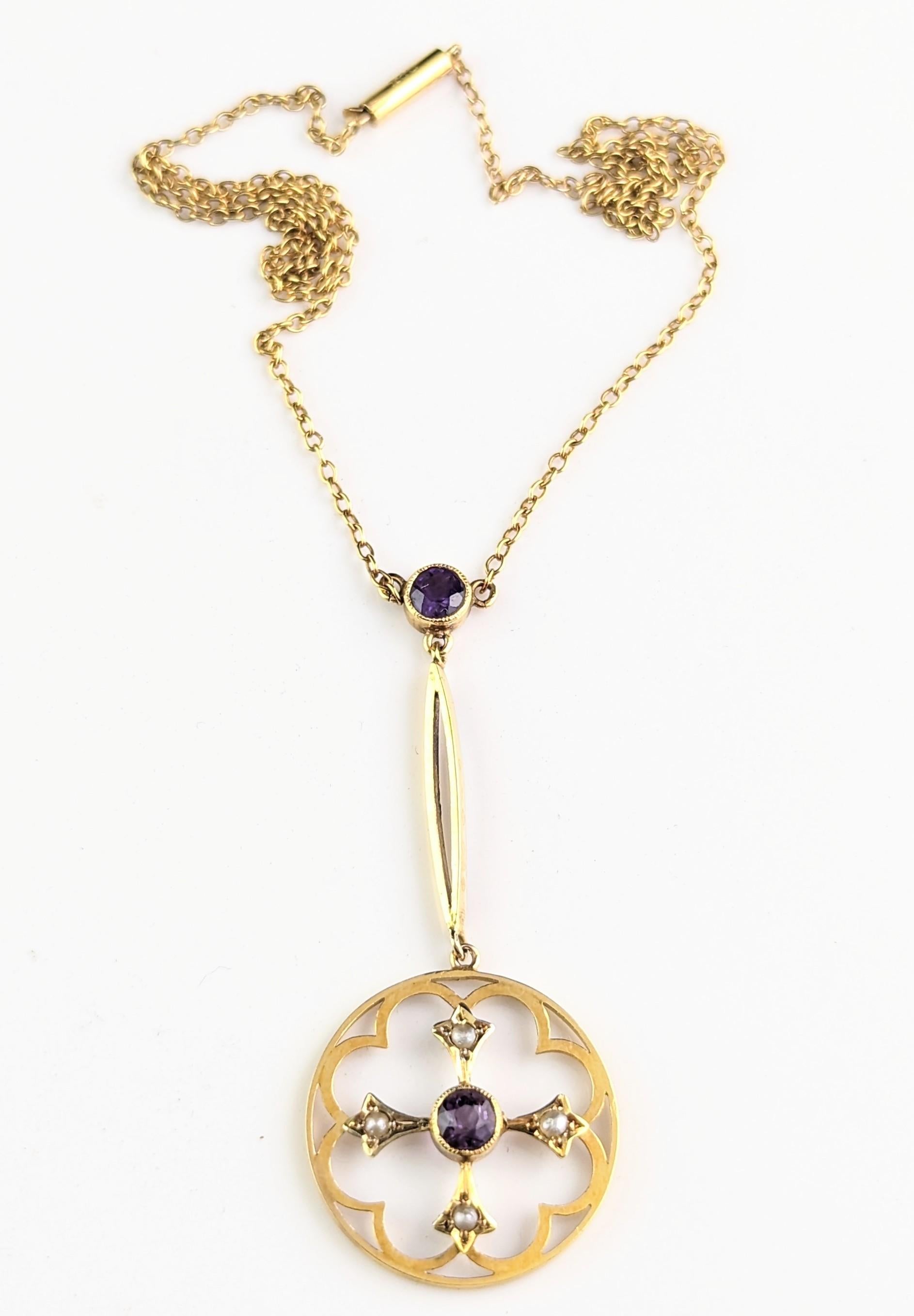 Antique Art Nouveau Pendant Necklace, Amethyst and Pearl, 9 Karat Gold  For Sale 8