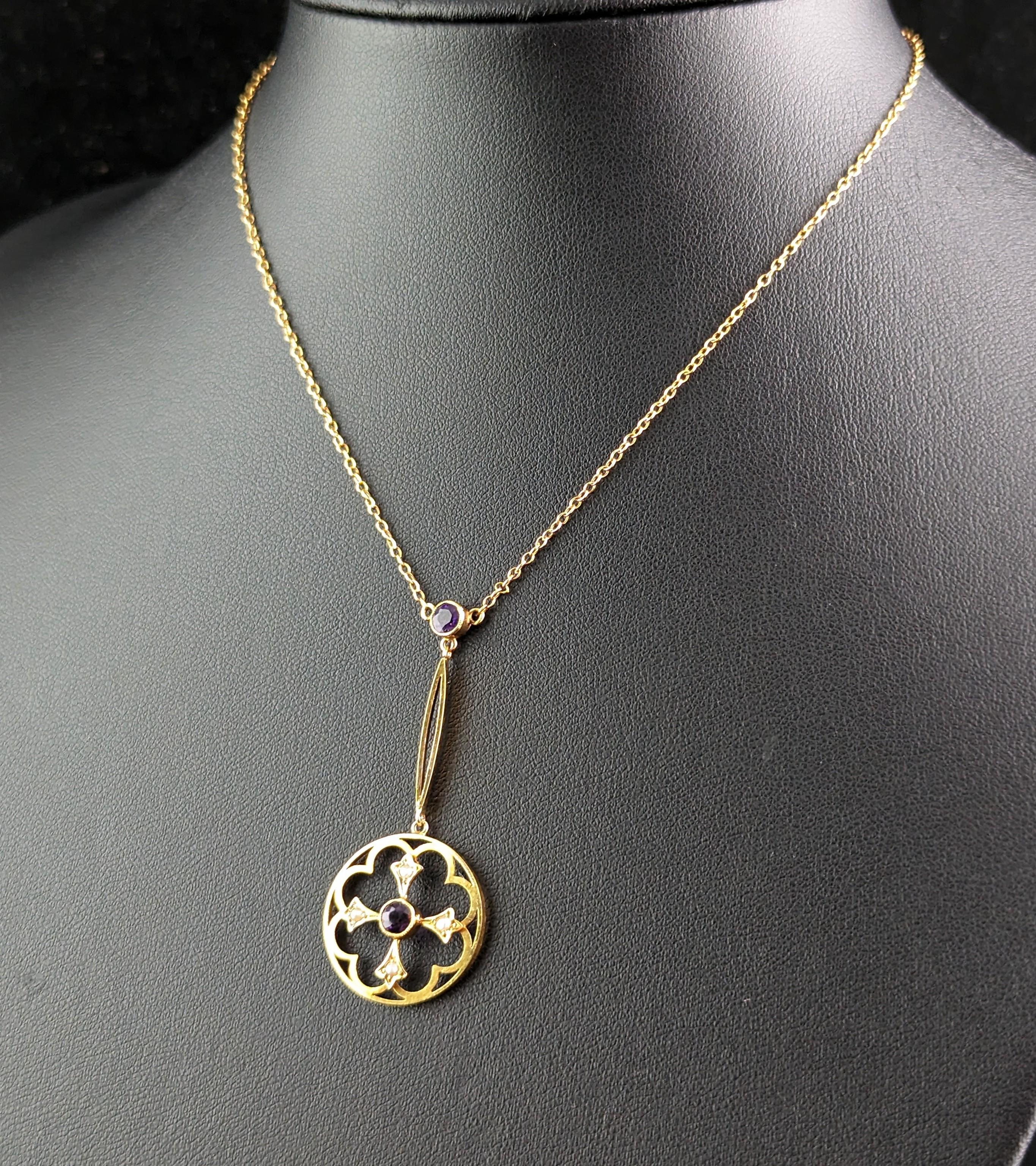 Round Cut Antique Art Nouveau Pendant Necklace, Amethyst and Pearl, 9 Karat Gold  For Sale