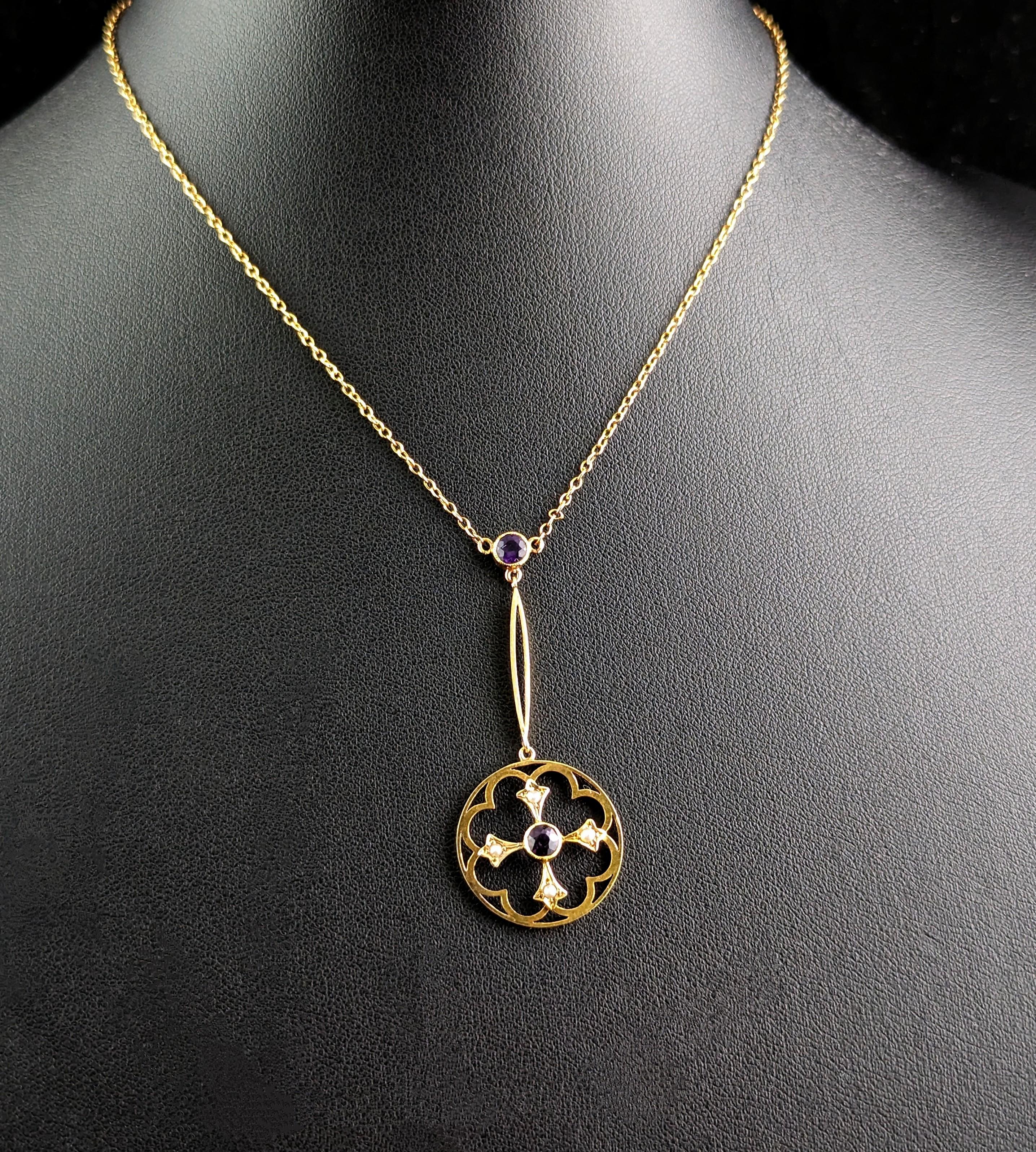 Women's or Men's Antique Art Nouveau Pendant Necklace, Amethyst and Pearl, 9 Karat Gold  For Sale