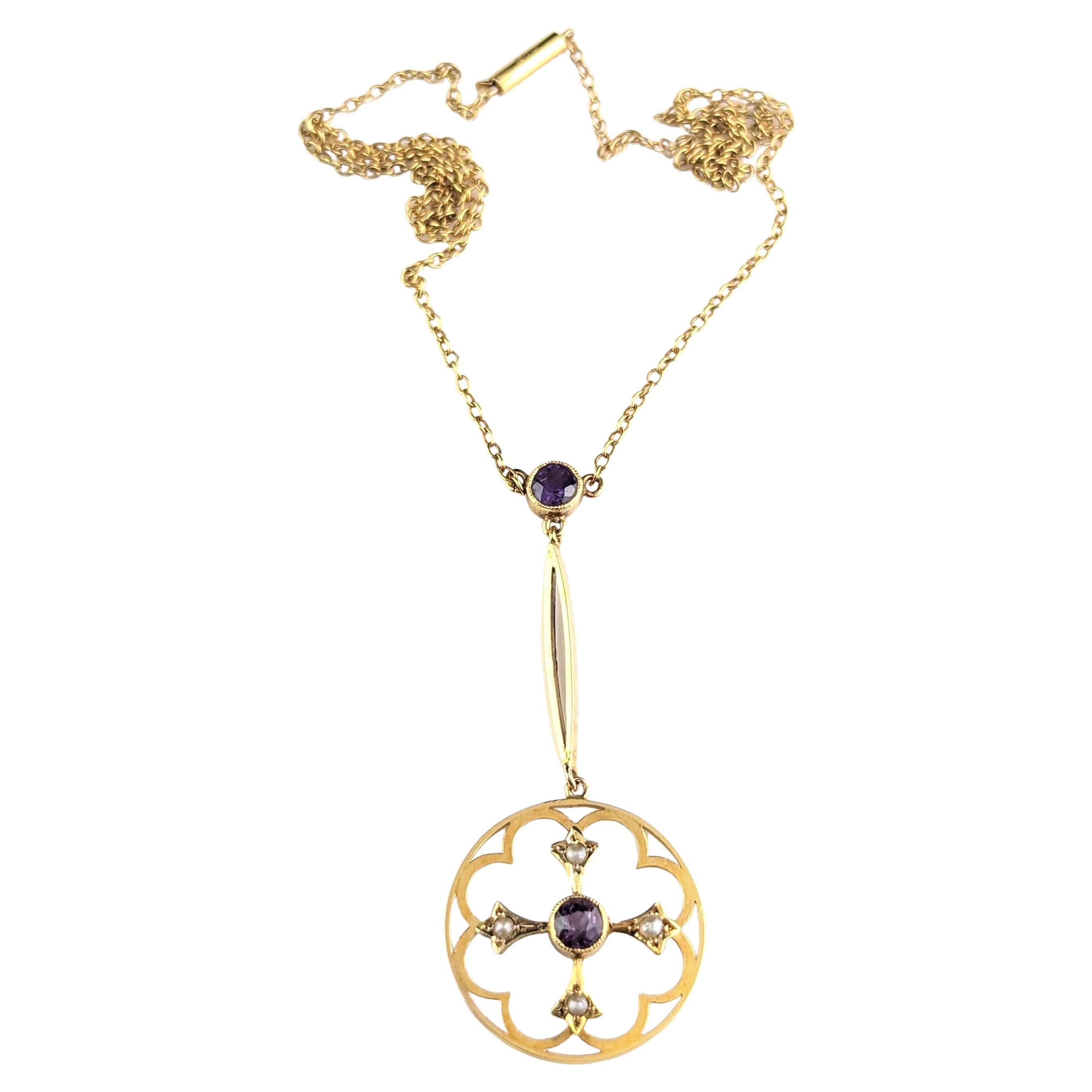 Antique Art Nouveau Pendant Necklace, Amethyst and Pearl, 9 Karat Gold  For Sale