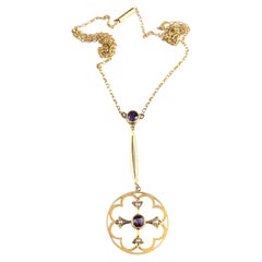 Antique Art Nouveau Pendant Necklace, Amethyst and Pearl, 9 Karat Gold 