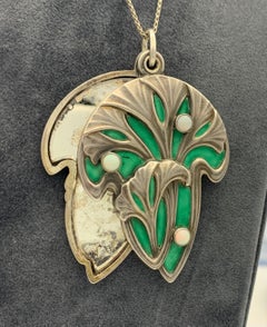 Antique Art Nouveau Pendant Necklace Gingko Leaves Opal Green Enamel Silver