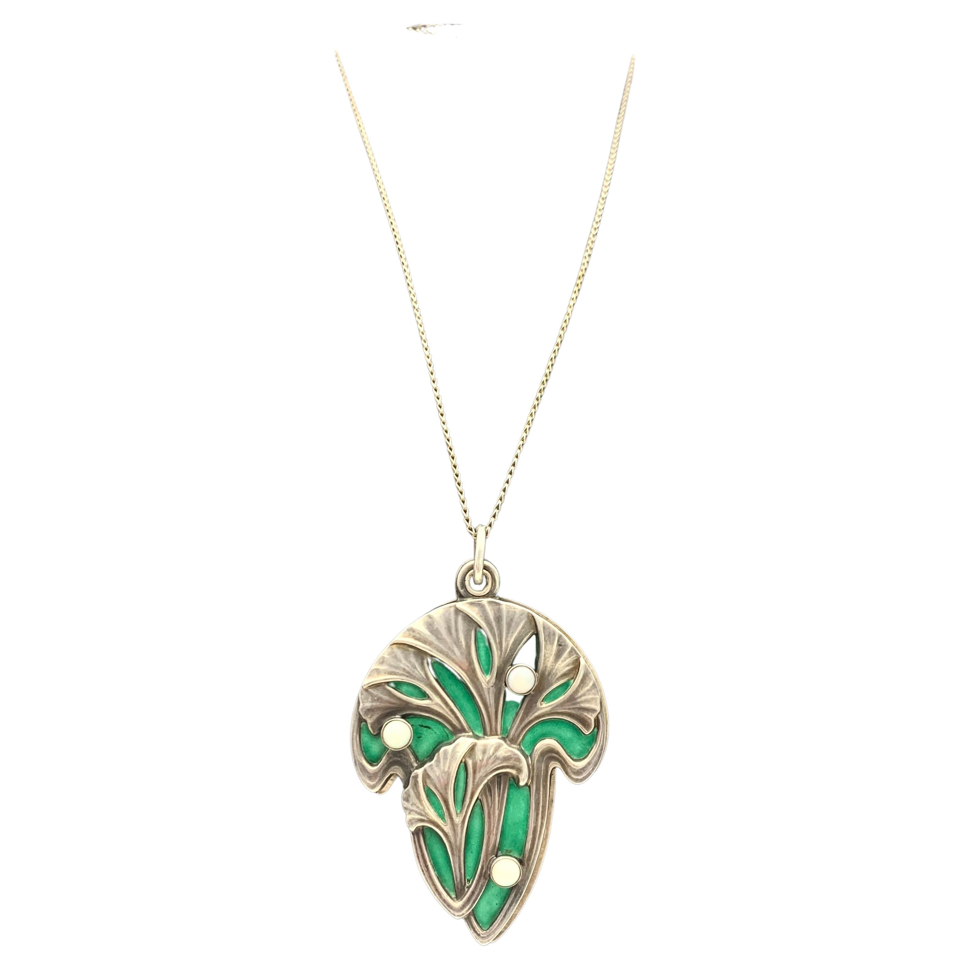 Antique Art Nouveau Pendant Necklace Gingko Leaves Opal Green Enamel Silver For Sale