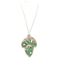 Antique Art Nouveau Pendant Necklace Gingko Leaves Opal Green Enamel Silver