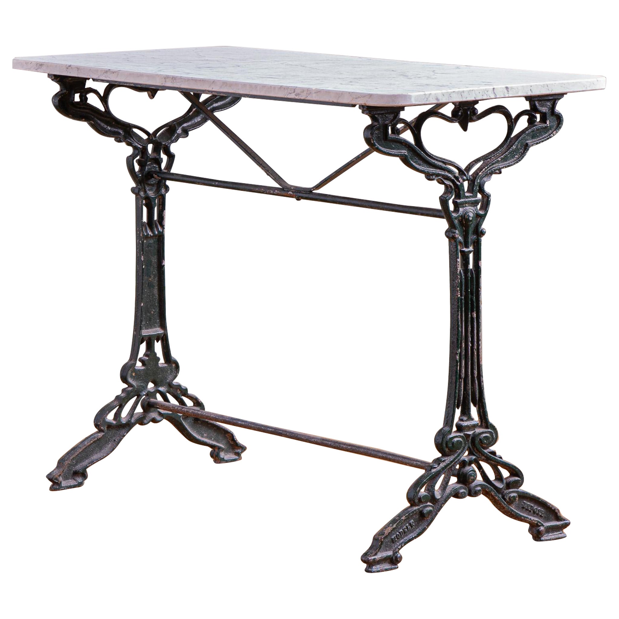 Antique Art Nouveau Period French Bistro Cafe / Garden Table With Marble Top