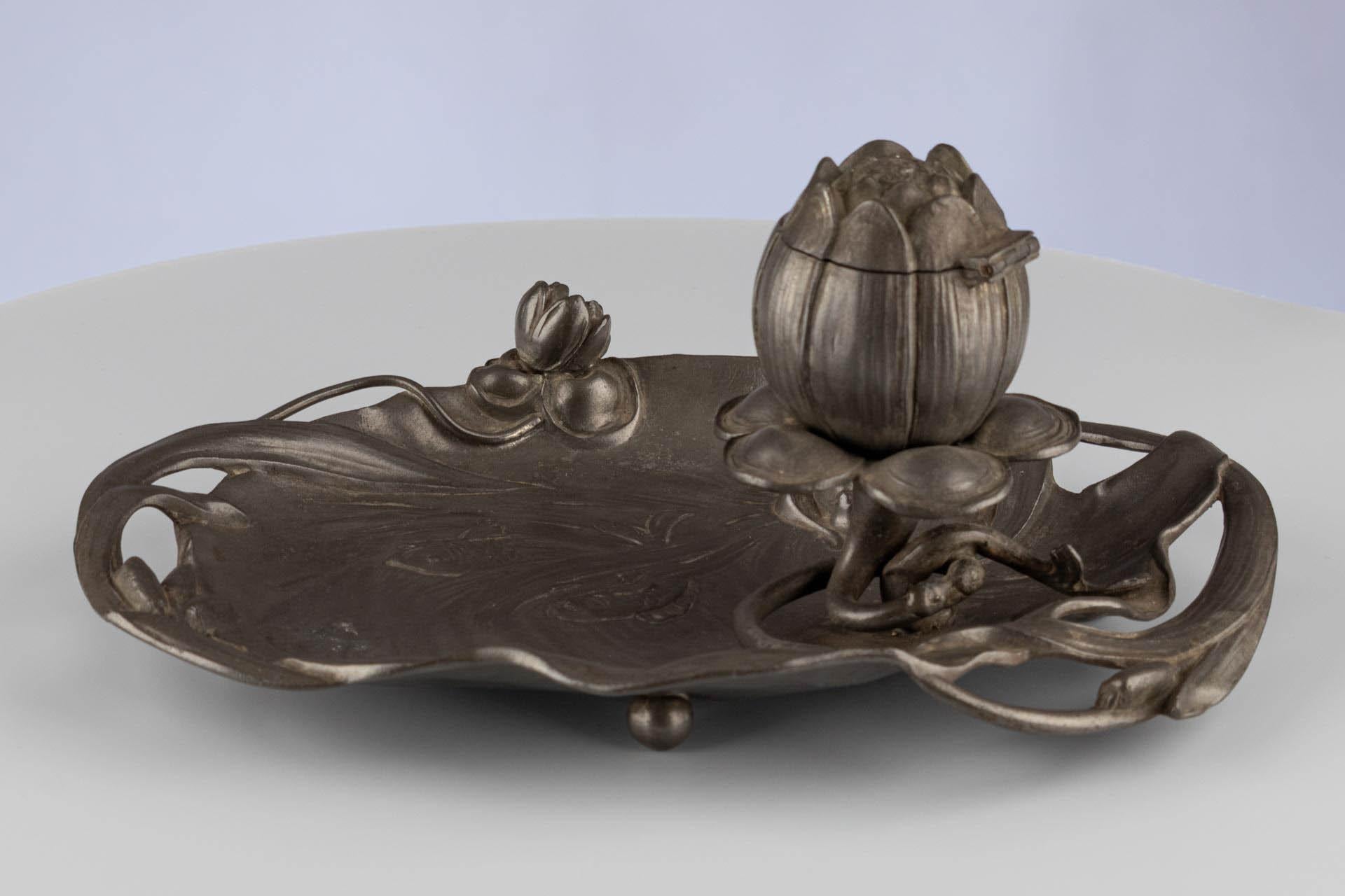 French Antique Art Nouveau Pewter Inkwell, France, circa 1900 For Sale