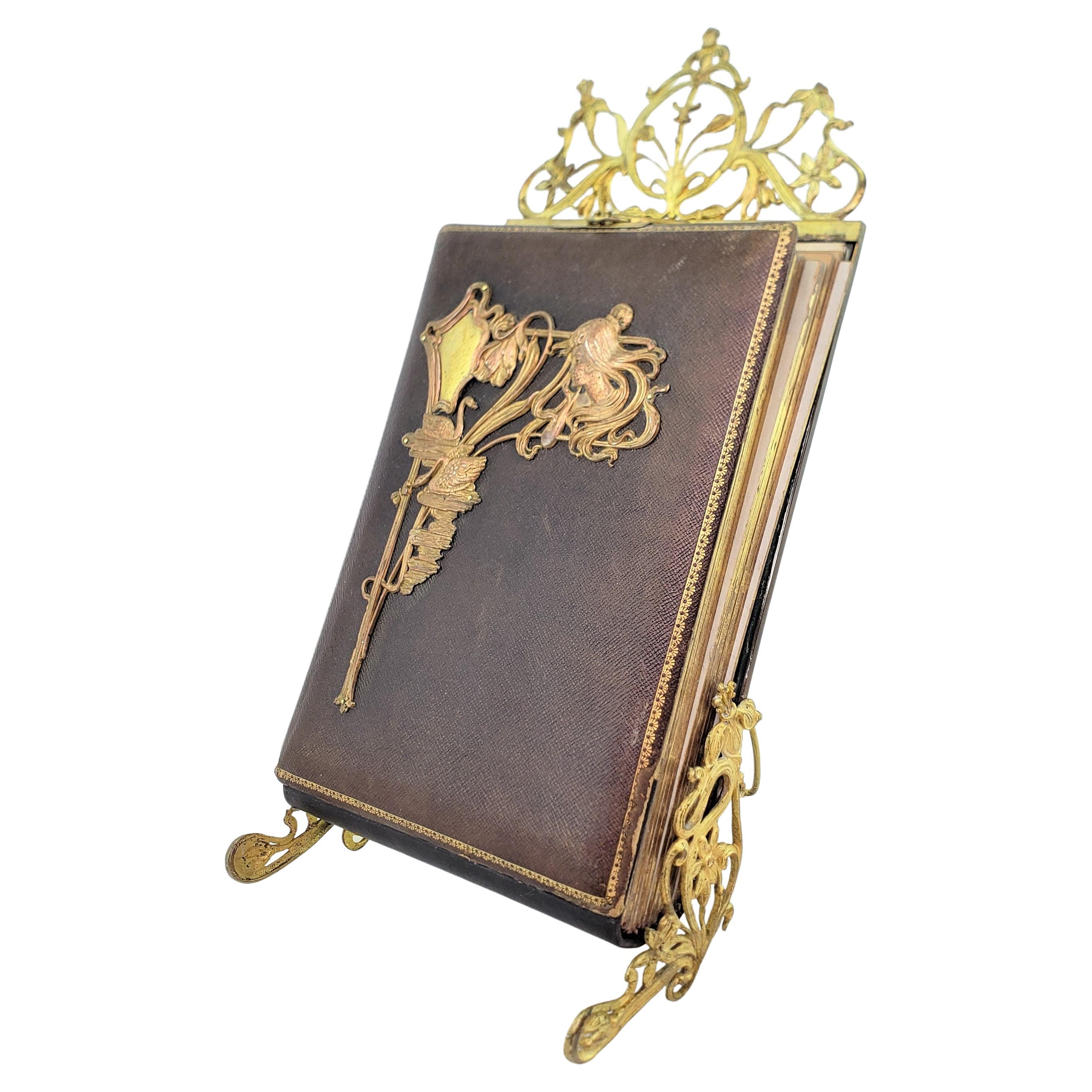 Antique Art Nouveau Photo Album or Book with Brass Stand Up Frame For Sale