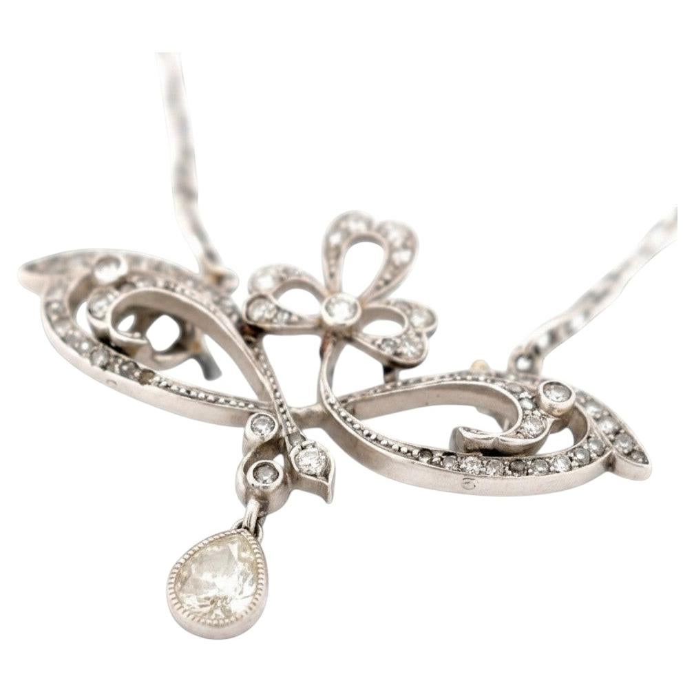 Collar antiguo Art Nouveau con colgante de platino - Colgante con diamante de 0,4 quilates en talla pera -