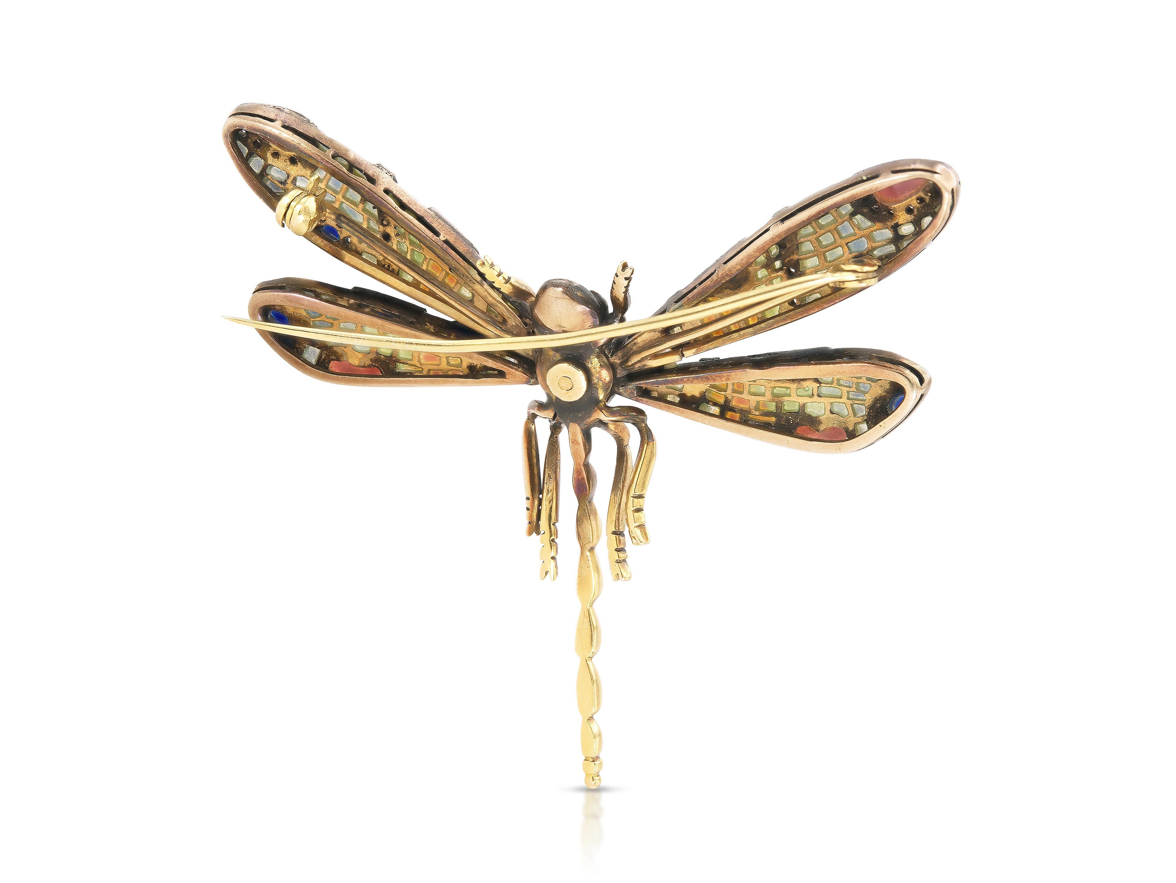 Antique Art Nouveau Plique-à-Jour Dragonfly Brooch In Good Condition In New York, NY