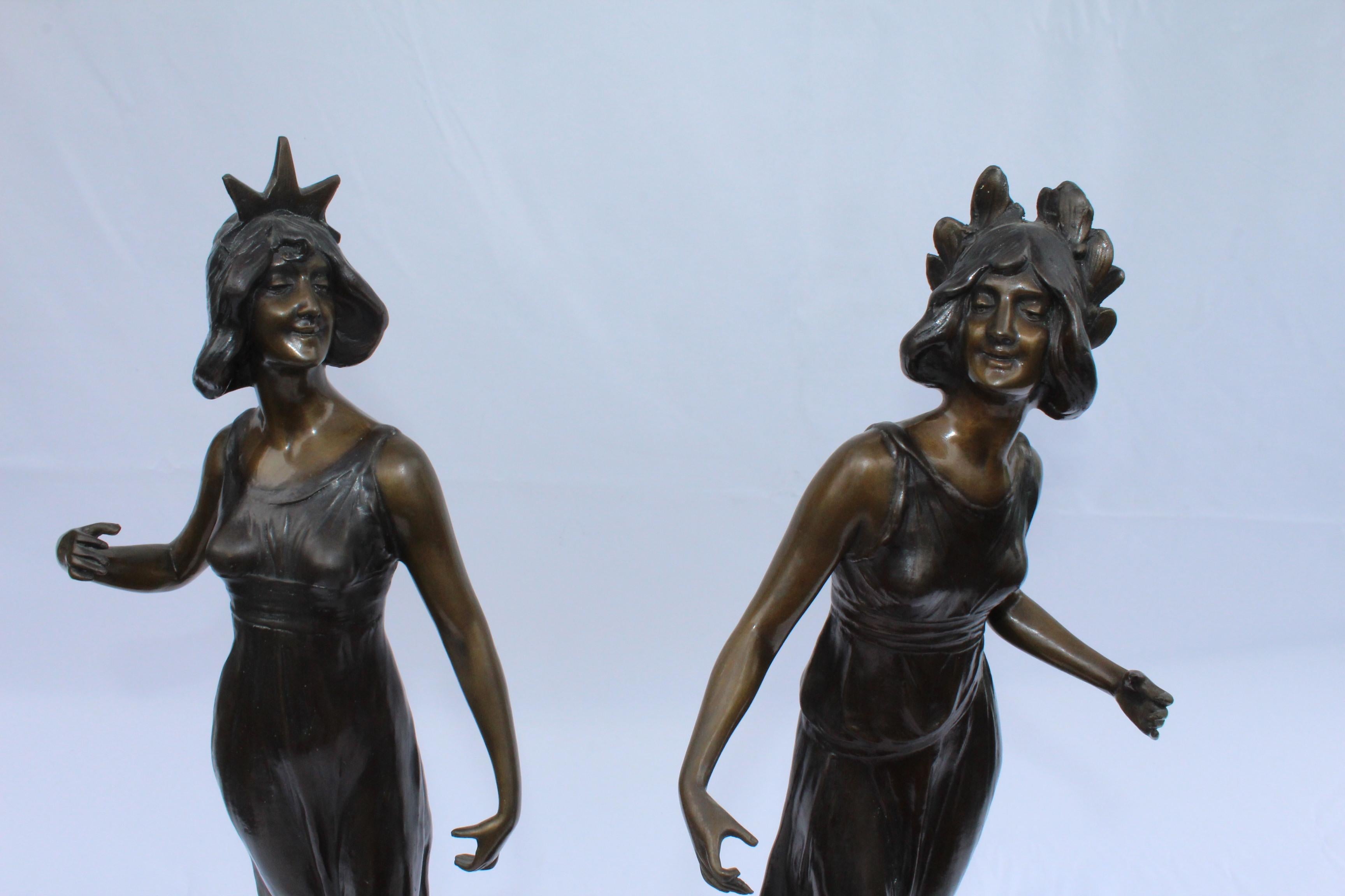 French Antique Art Nouveau Pair of Ladies, Spelter, Dk Bronze Color, Marble Base a Pair For Sale