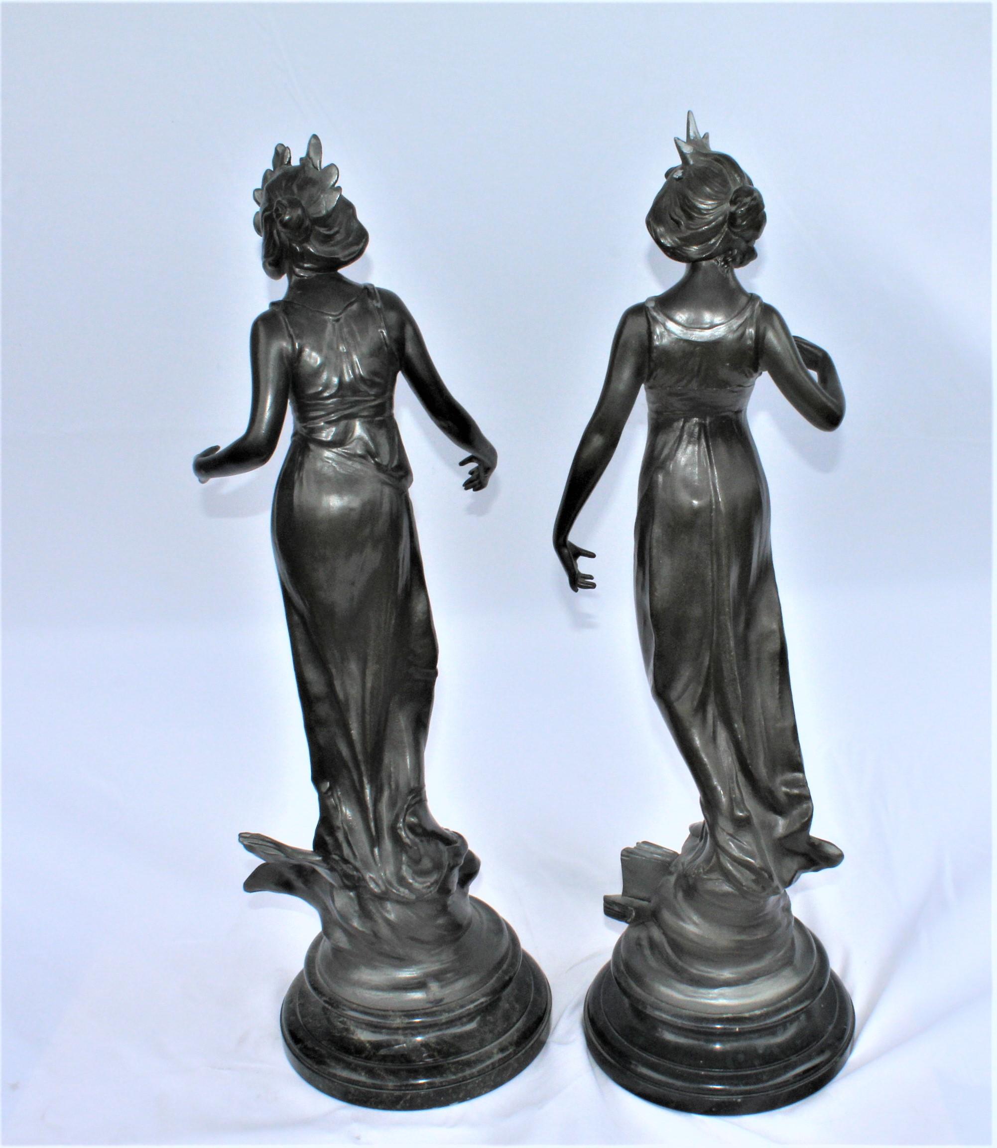 Antique Art Nouveau Pair of Ladies, Spelter, Dk Bronze Color, Marble Base a Pair In Good Condition For Sale In Los Angeles, CA