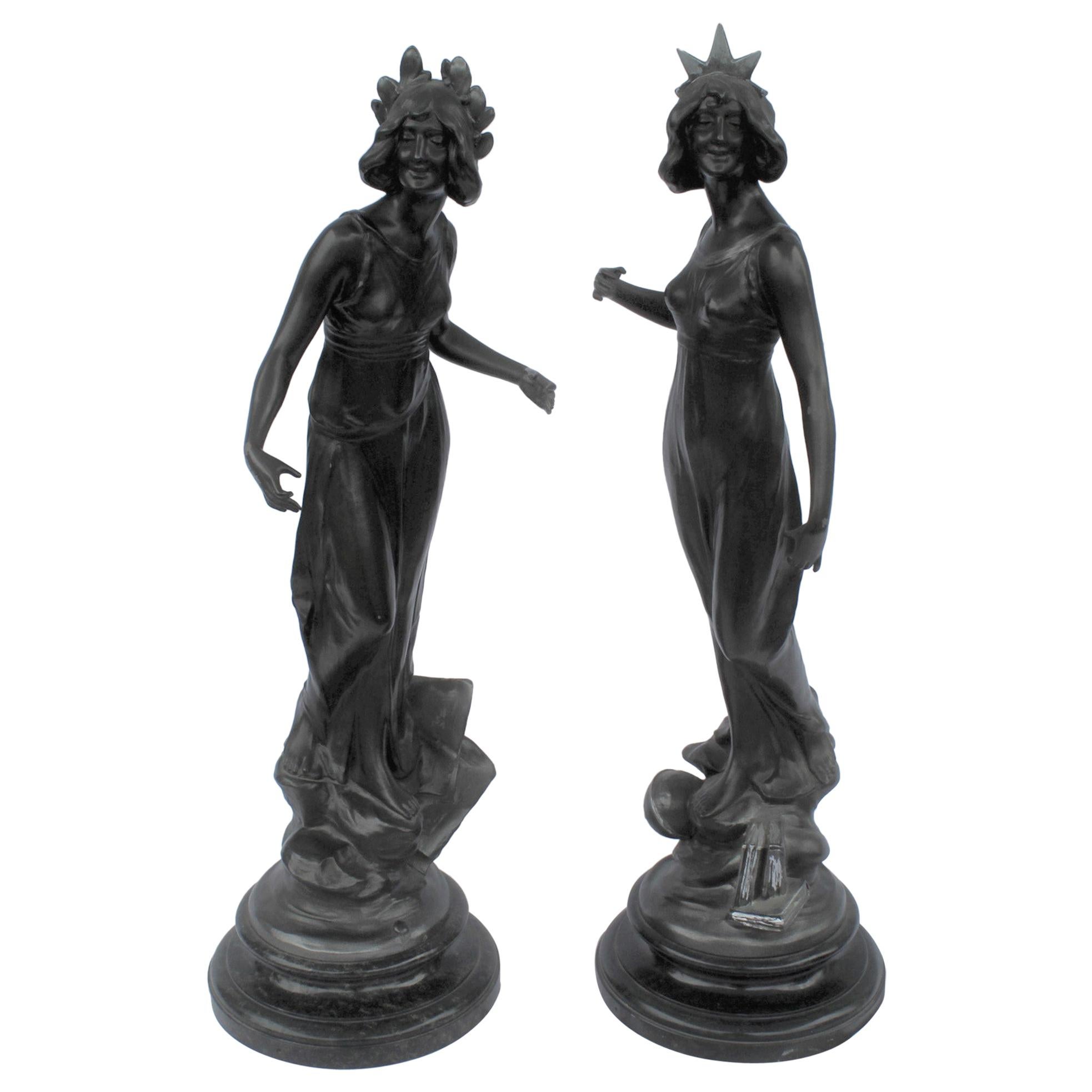 Antique Art Nouveau Pair of Ladies, Spelter, Dk Bronze Color, Marble Base a Pair For Sale