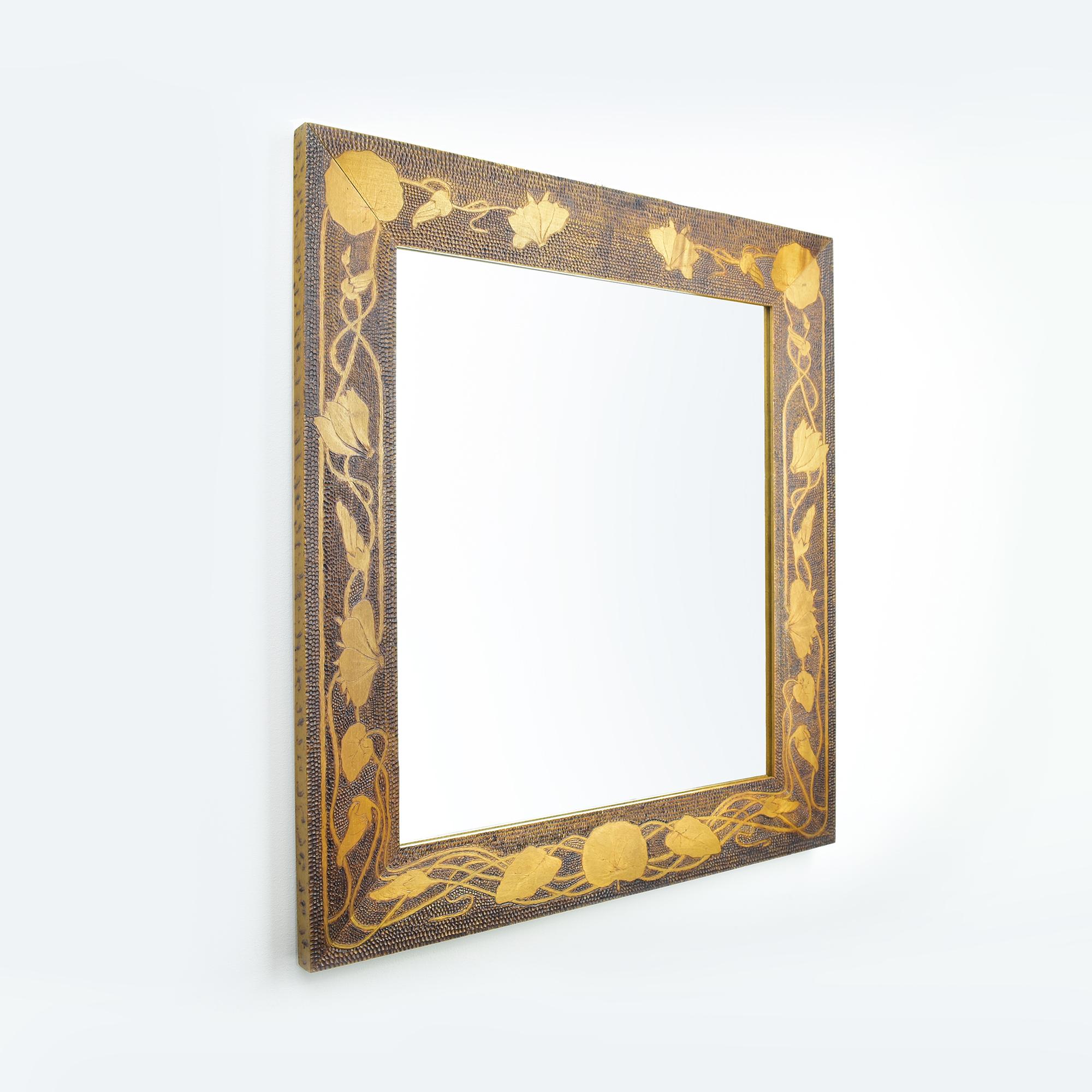 Arts and Crafts Antique Art Nouveau Pyrography Burn Carved Wood Mirror Floral Cyclame Pattern