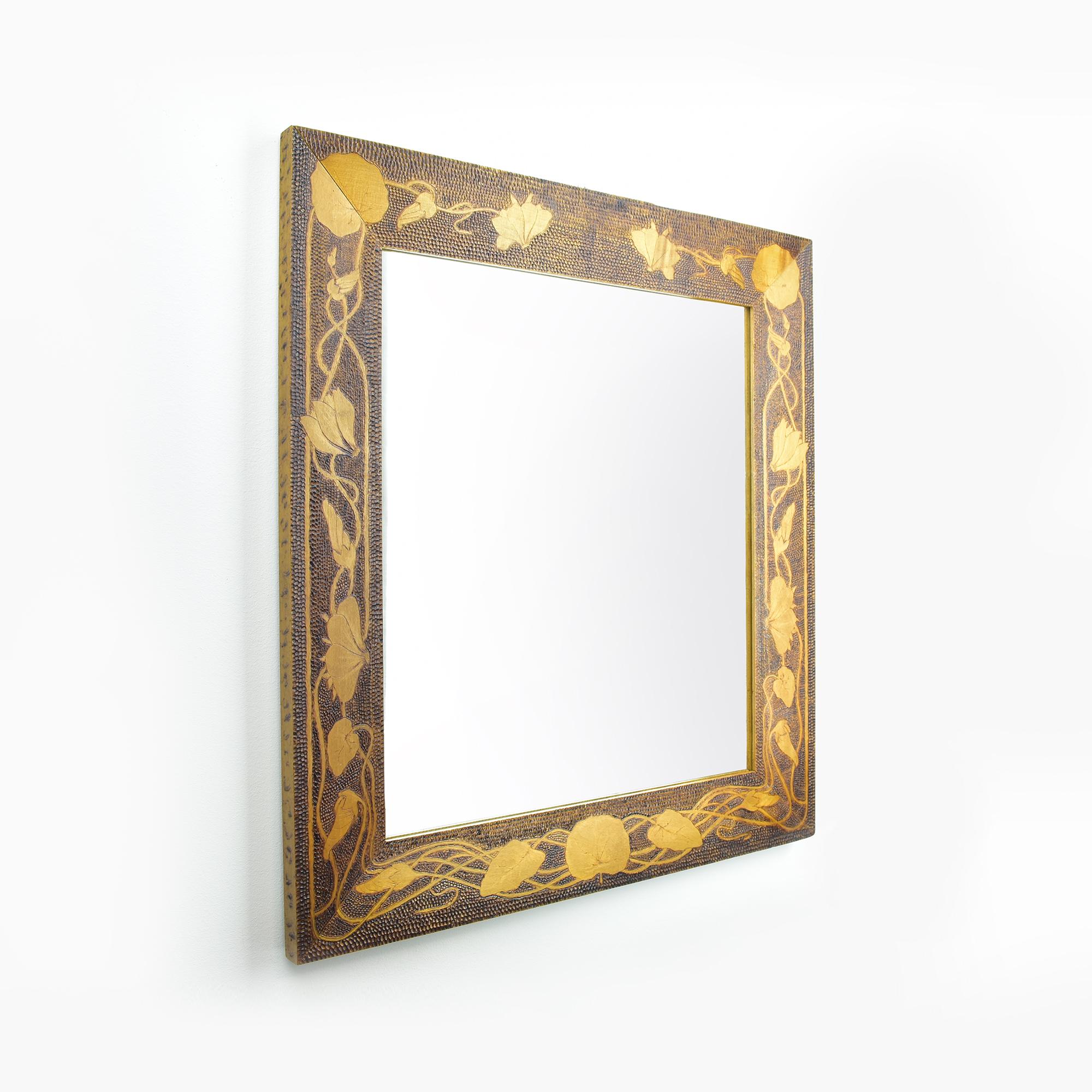 German Antique Art Nouveau Pyrography Burn Carved Wood Mirror Floral Cyclame Pattern