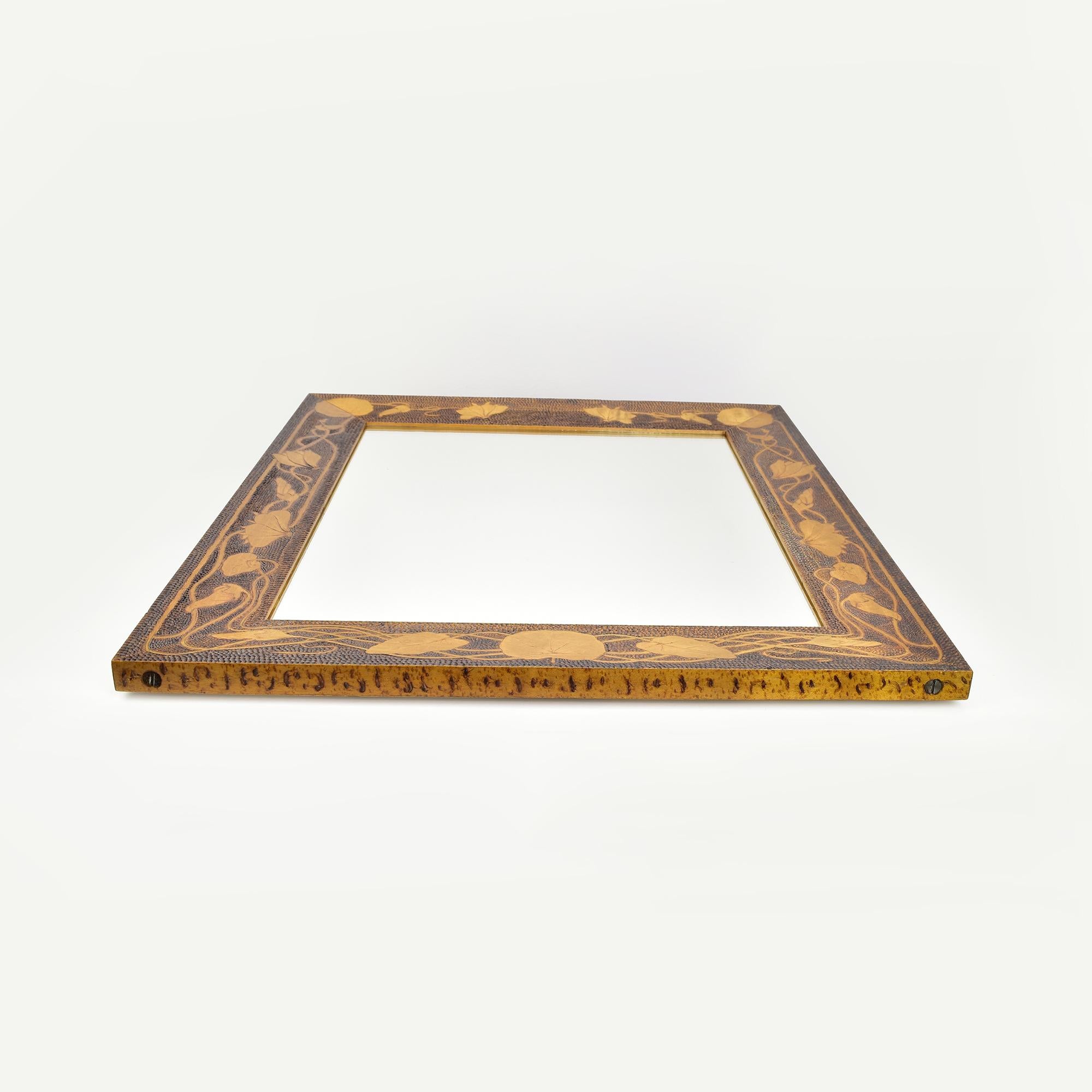 Early 20th Century Antique Art Nouveau Pyrography Burn Carved Wood Mirror Floral Cyclame Pattern