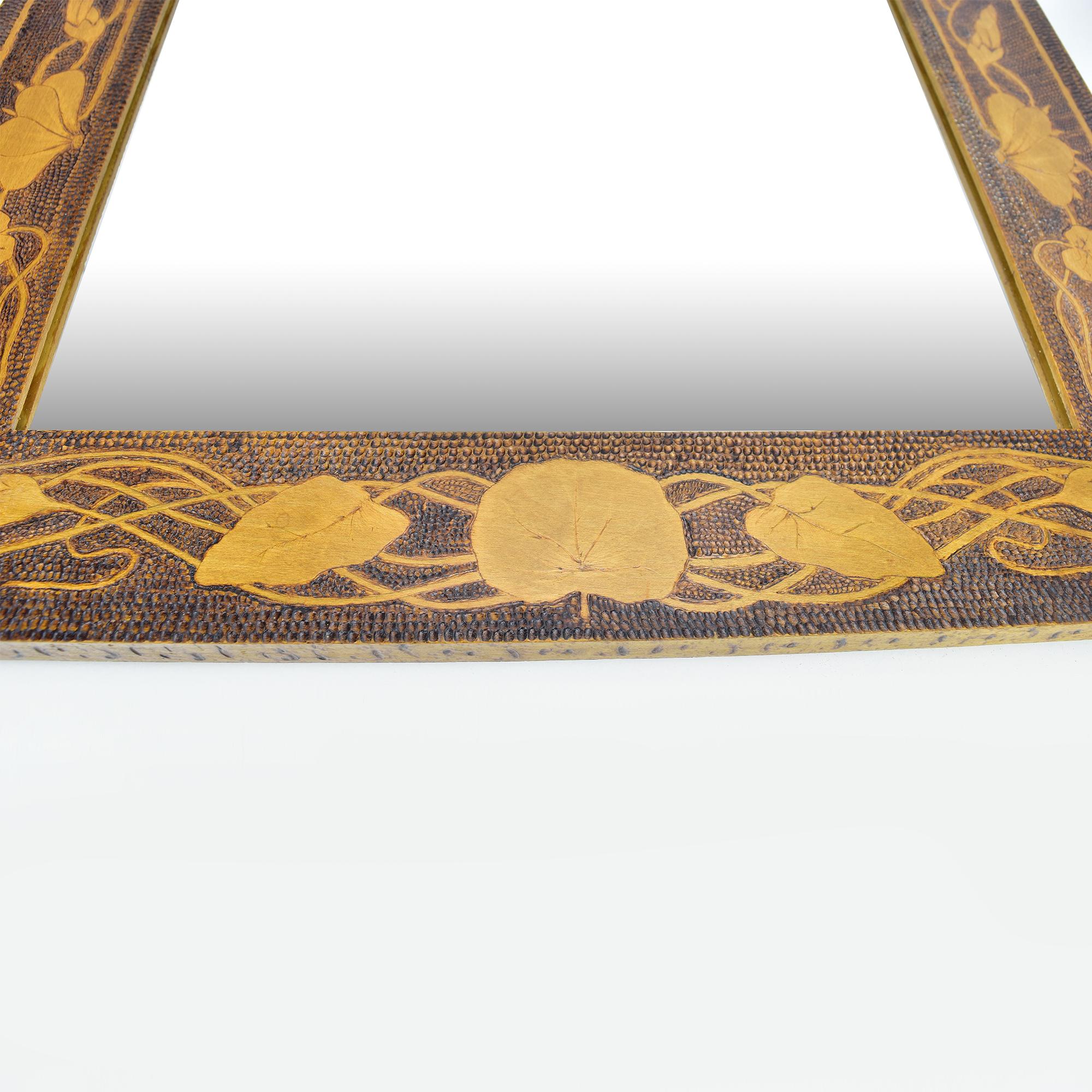 Antique Art Nouveau Pyrography Burn Carved Wood Mirror Floral Cyclame Pattern 3