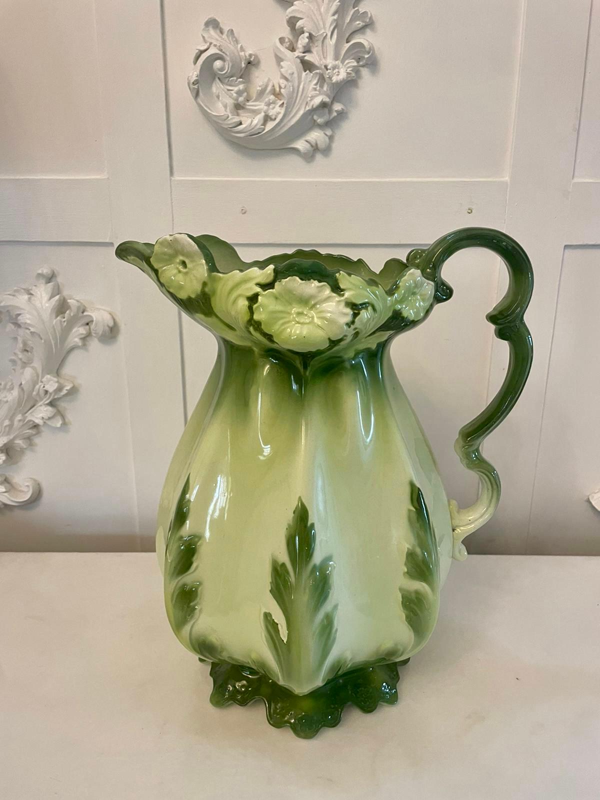 Fantastic original antique art nouveau quality jug and bowl set in wonderful light and dark green colours in perfect condition

Beautifully crafted boasting lovely vibrant colours

Dimensions:
Jug H 33.5 x W 28 x D 21 cm (13.18 x 11.02 x 8.2
