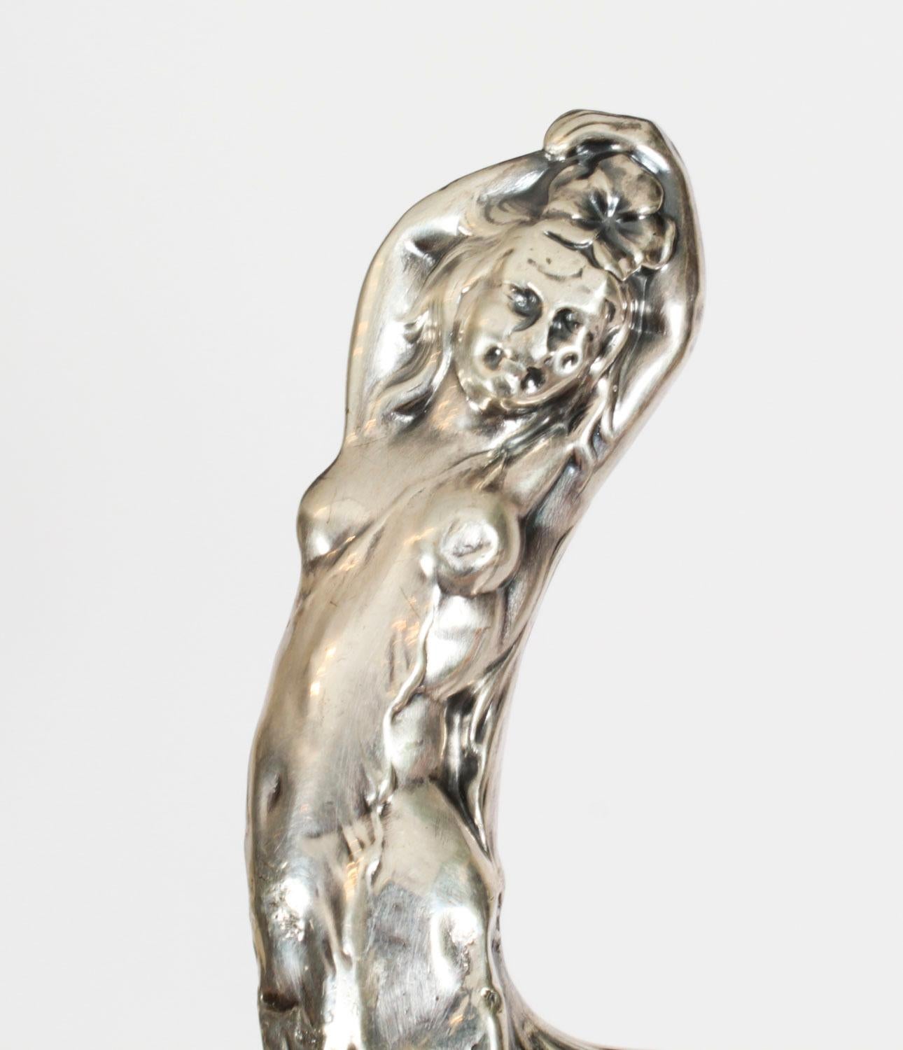 French Antique Art Nouveau Reclining Nude Woman Walking Cane Stick Silver Handle 1890