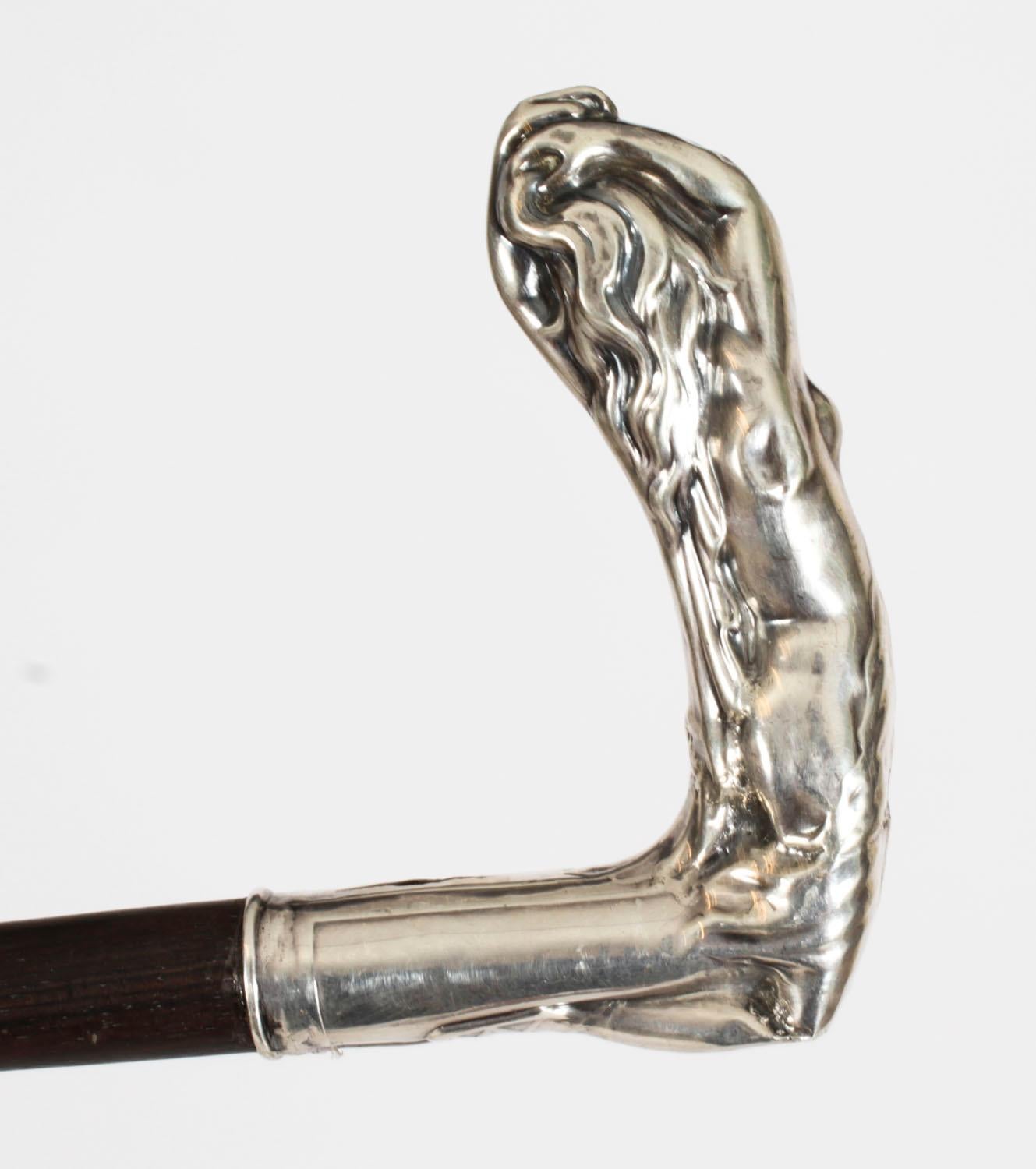 Antique Art Nouveau Reclining Nude Woman Walking Cane Stick Silver Handle 1890 In Good Condition In London, GB