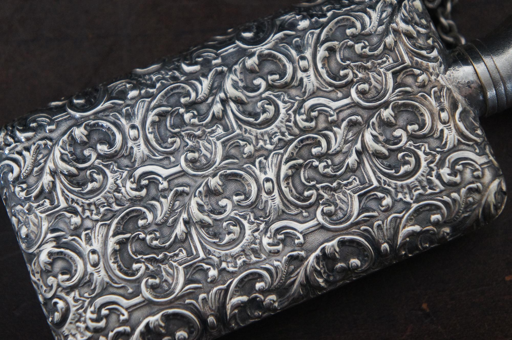 Antique Art Nouveau Repousse Silver Plate Pocket Flask Engraved Baroque Floral 7