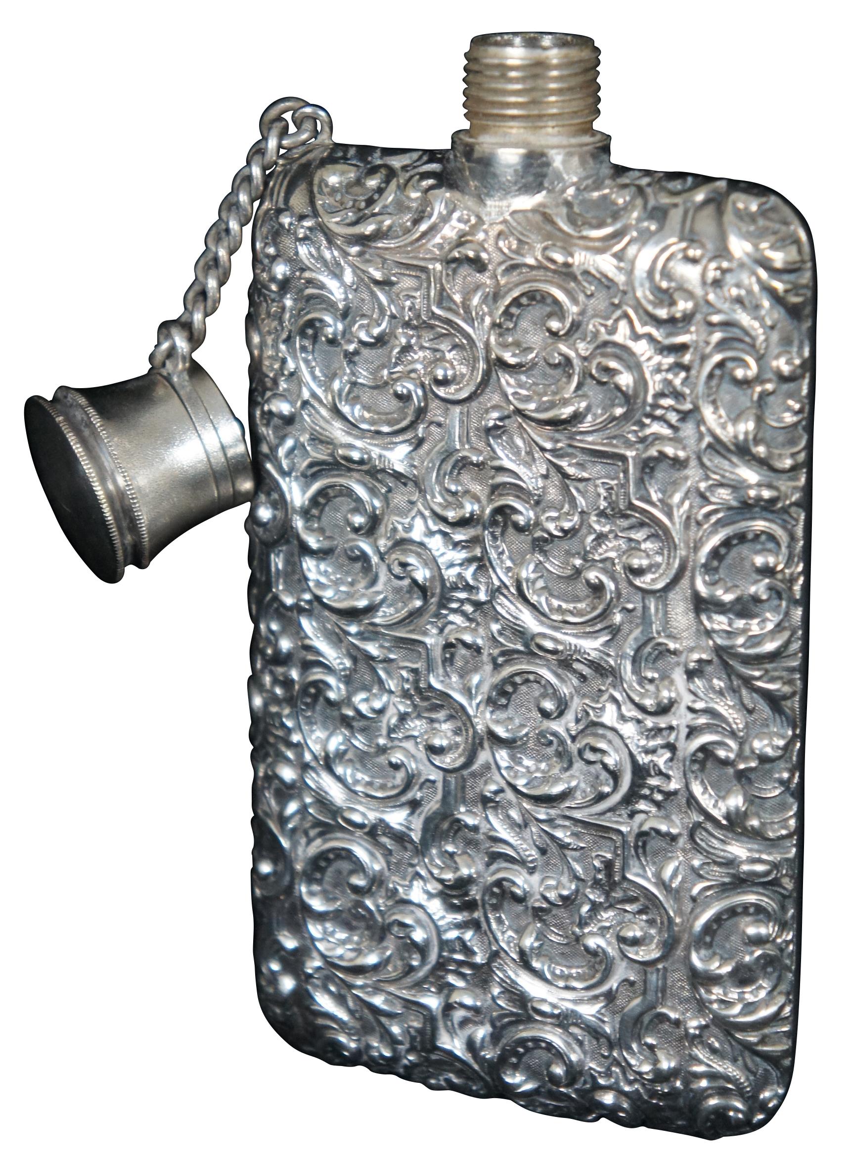 Antique Art Nouveau Repousse Silver Plate Pocket Flask Engraved Baroque Floral In Good Condition In Dayton, OH