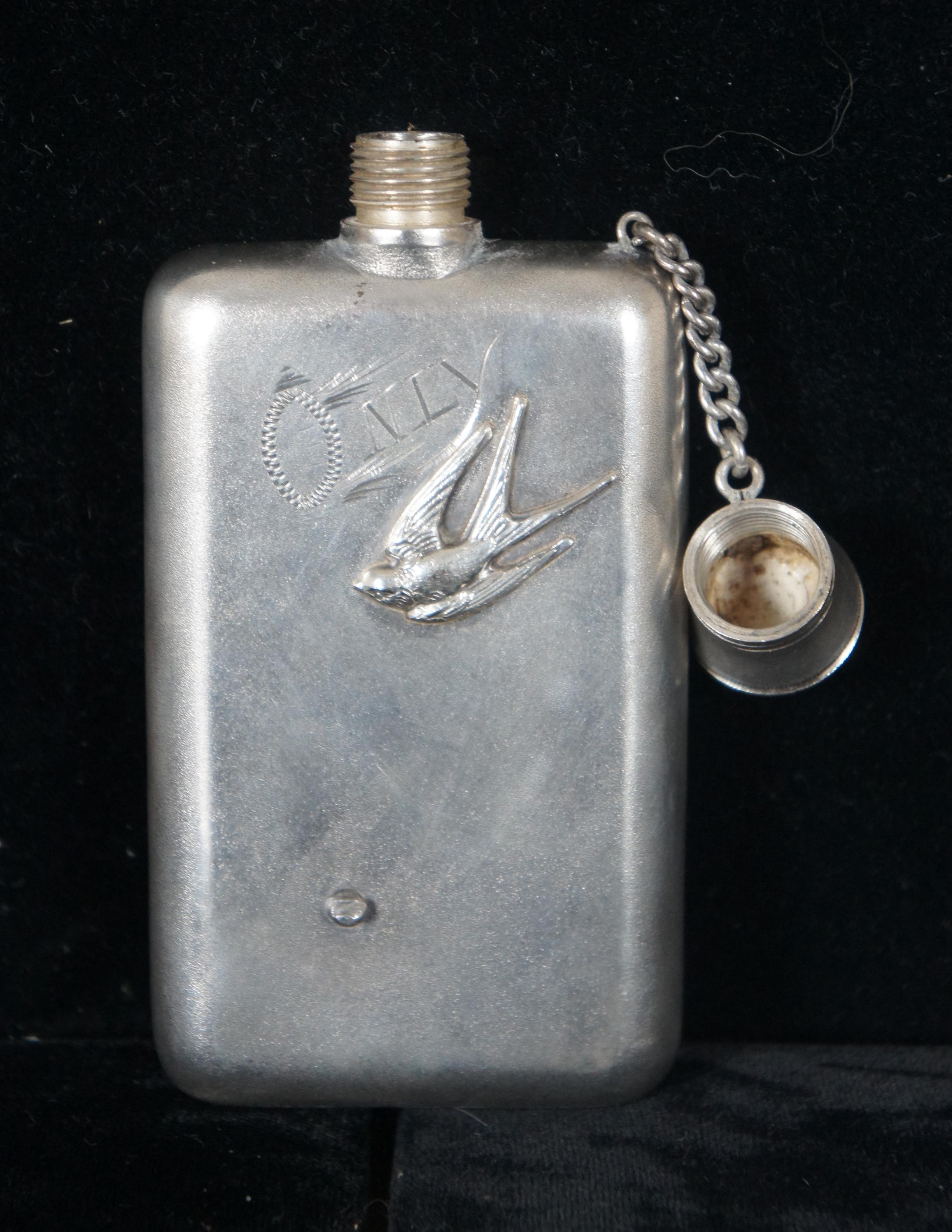 20th Century Antique Art Nouveau Repousse Silver Plate Pocket Flask Engraved Baroque Floral
