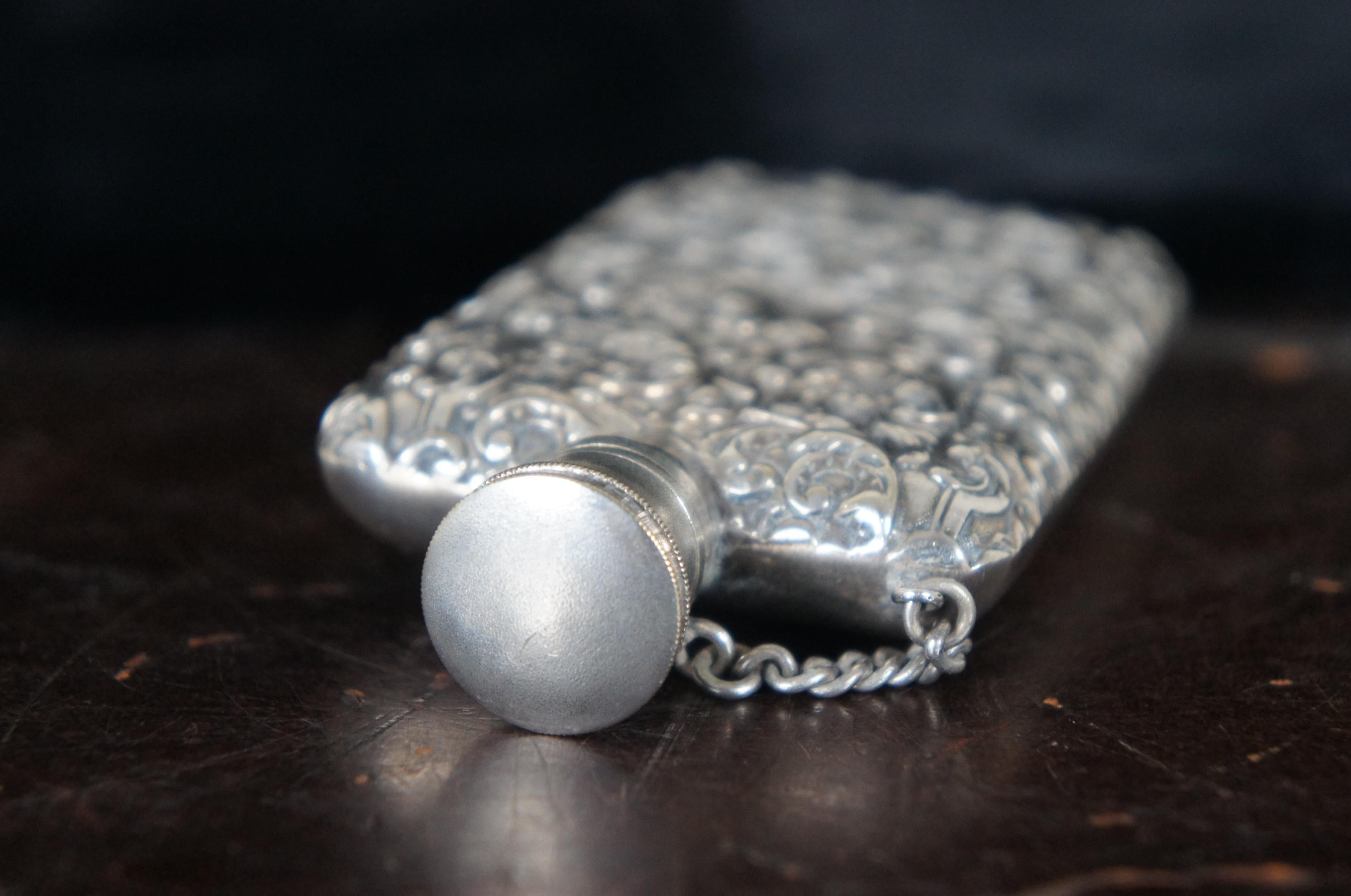 Antique Art Nouveau Repousse Silver Plate Pocket Flask Engraved Baroque Floral 1