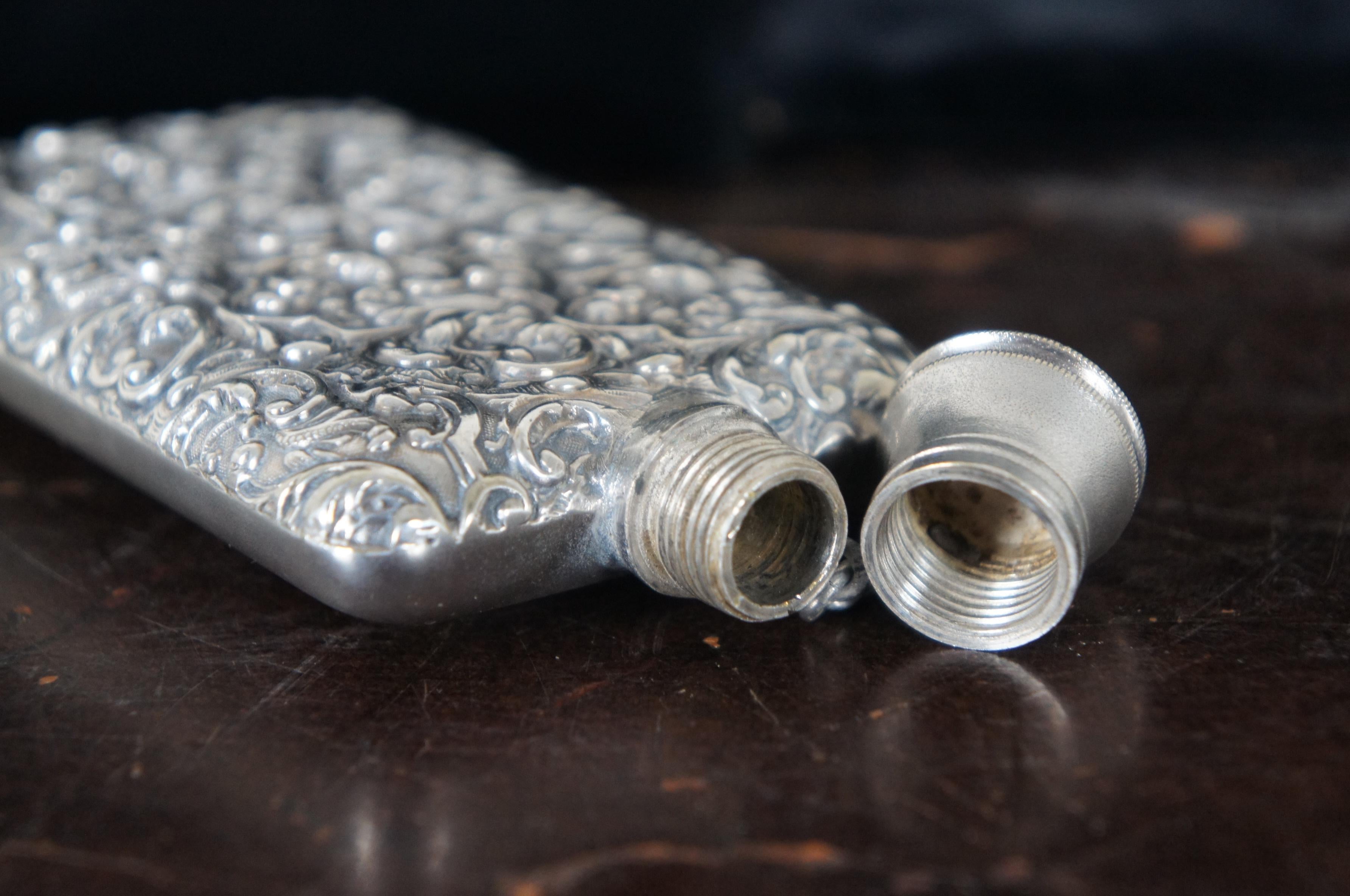 Antique Art Nouveau Repousse Silver Plate Pocket Flask Engraved Baroque Floral 2