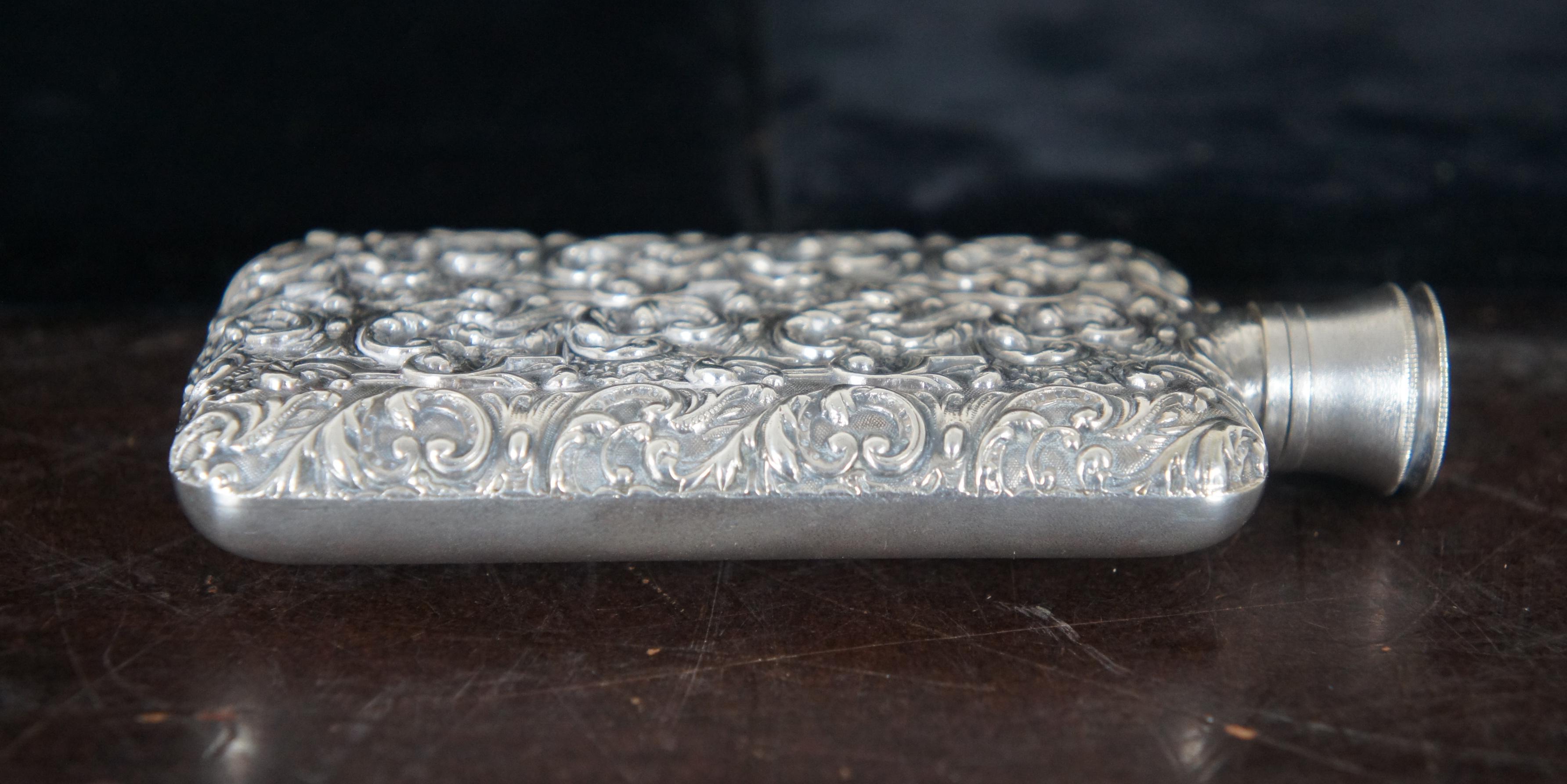 Antique Art Nouveau Repousse Silver Plate Pocket Flask Engraved Baroque Floral 3