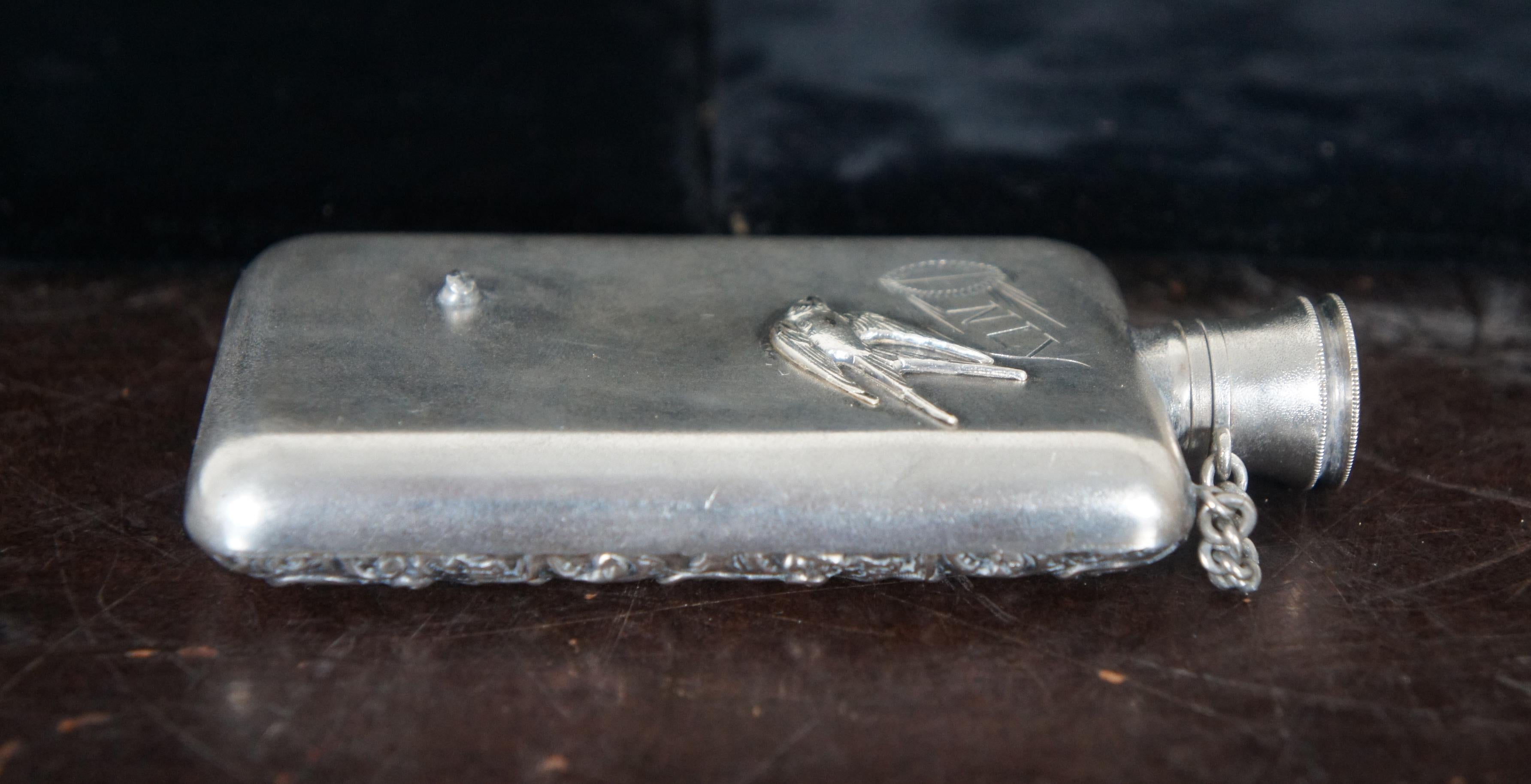 Antique Art Nouveau Repousse Silver Plate Pocket Flask Engraved Baroque Floral 4