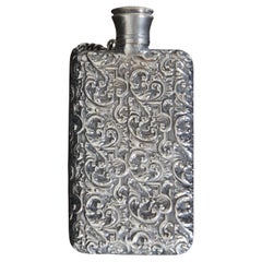Antique Art Nouveau Repousse Silver Plate Pocket Flask Engraved Baroque Floral