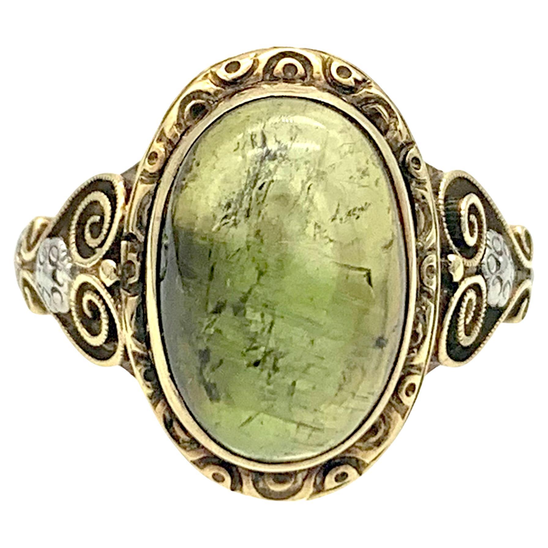 Antique Art Nouveau Ring 14K Yellow Gold Platinum Fluorite Cabochon 