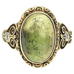 Antique Art Nouveau Ring 14K Yellow Gold Platinum Fluorite Cabochon 
