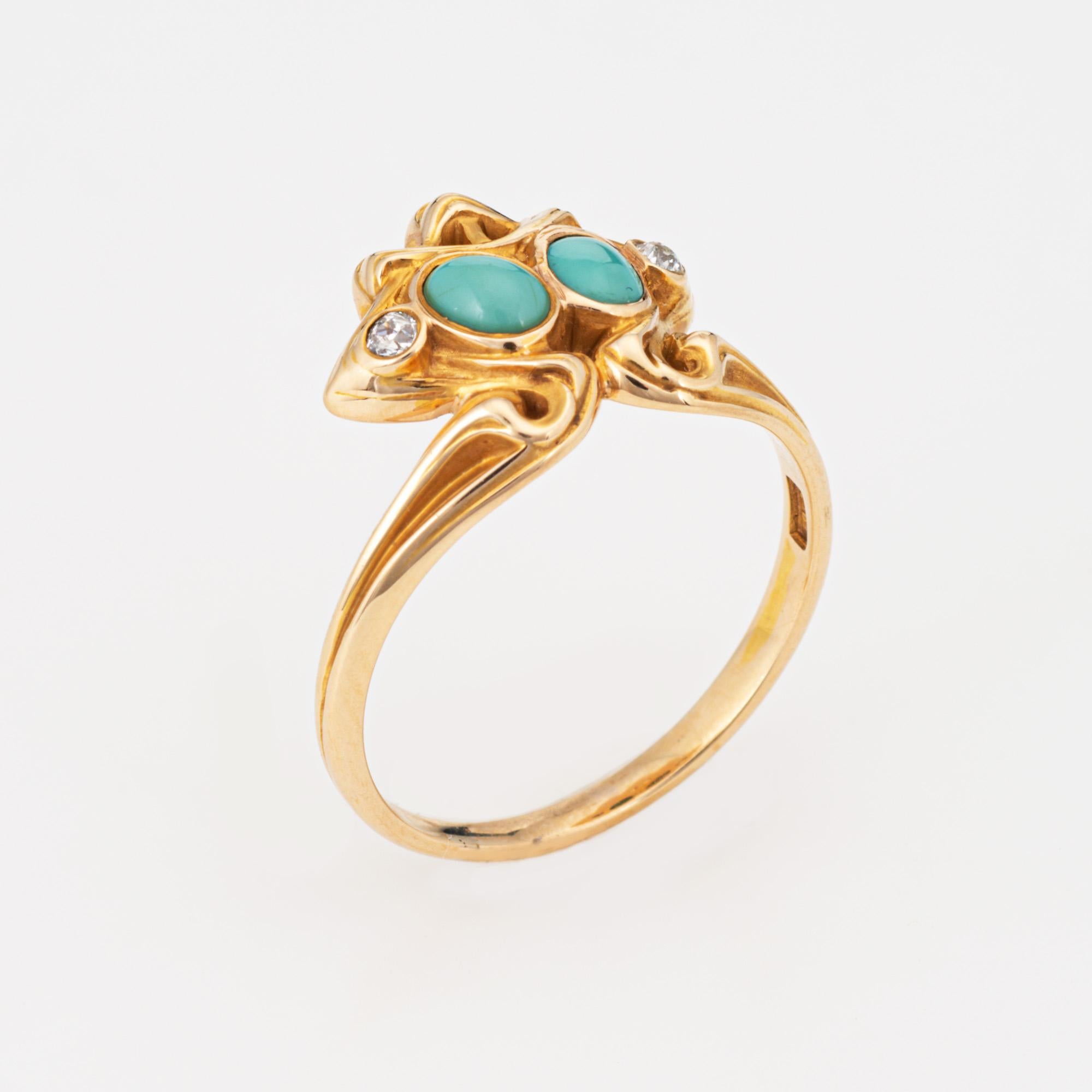 Finely detailed antique Art Nouveau era Larter & Sons turquoise & diamond ring crafted in 14k yellow gold (circa 1900s to 1910s). 

Turquoise measures 4mm x 3mm, accented with two estimated 0.02 carat old mine cut diamonds (estimated at I-J color