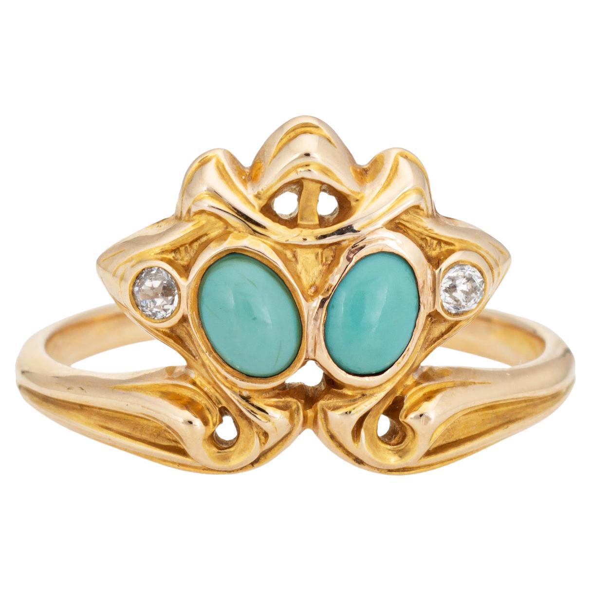 Antique Art Nouveau Ring Larter & Sons Turquoise Diamond 14k Yellow Gold Sz 7.5